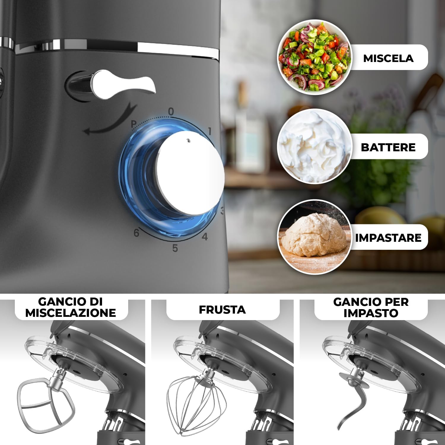 Macchina Planetaria per Pasta – 2000W – Robot da Cucina – Macchina Pasta Fresca – 6,2L Ciotola in Acciaio Inossidabile
