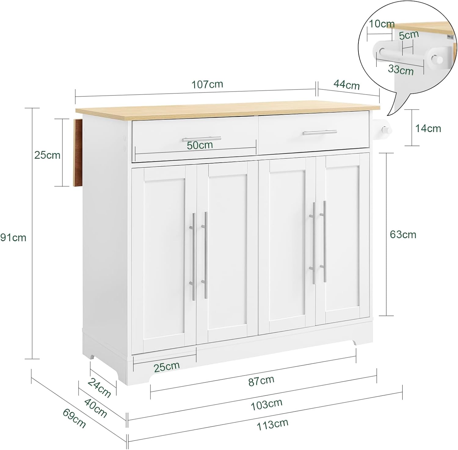 SoBuy Carrello Cucina con Ruote, Isola Cucina con Piano di Lavoro Estensibile in Legno, 2 Cassetti e Ripiani Regolabili Credenza Cucina Salvaspazio Penisola Cucina Bianco 113x(44-69) x91 FKW129-WN