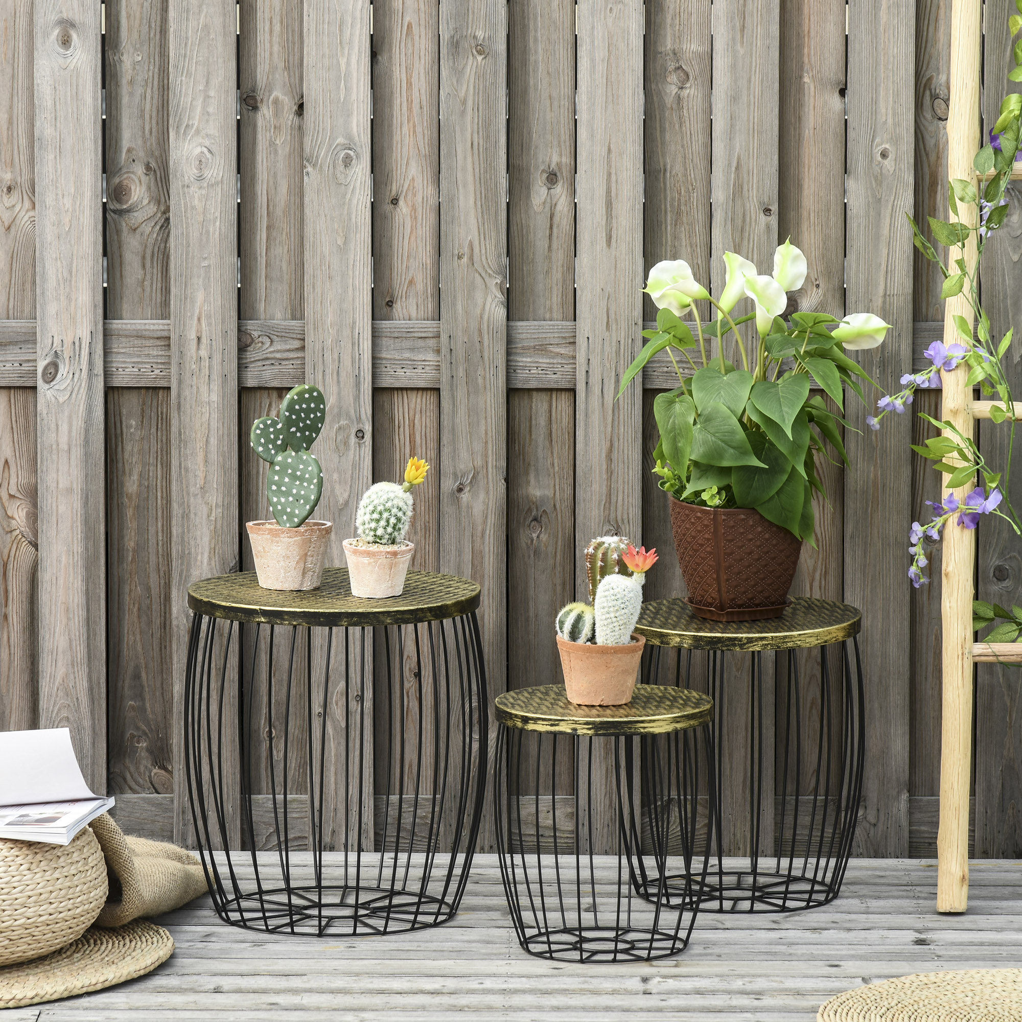 Outsunny 3er-Set Couchtische Beistelltische Gartentisch Retro Metallkorb Drahtkorb Garten Satztisch Gartenmöbel Outdoor Balkon Metall Natur+Schwarz 3 Größen