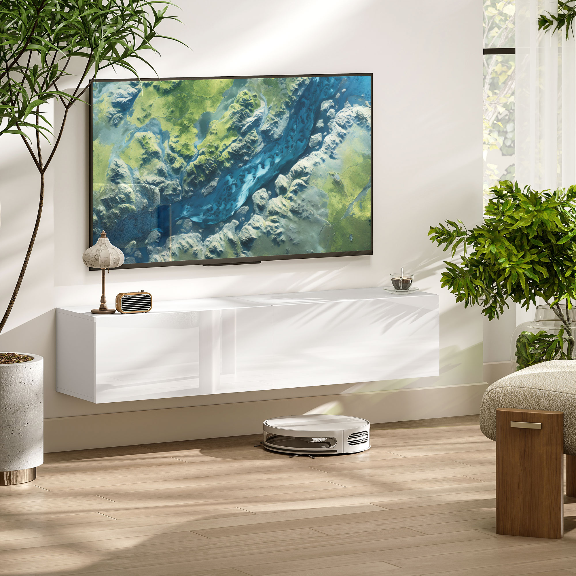 HOMCOM Schwebendes TV-Möbel für Fernseher bis zu 45 55 65 Zoll mit 2 Schranktüren, 140 x 33 x 29,8 cm, weiß
