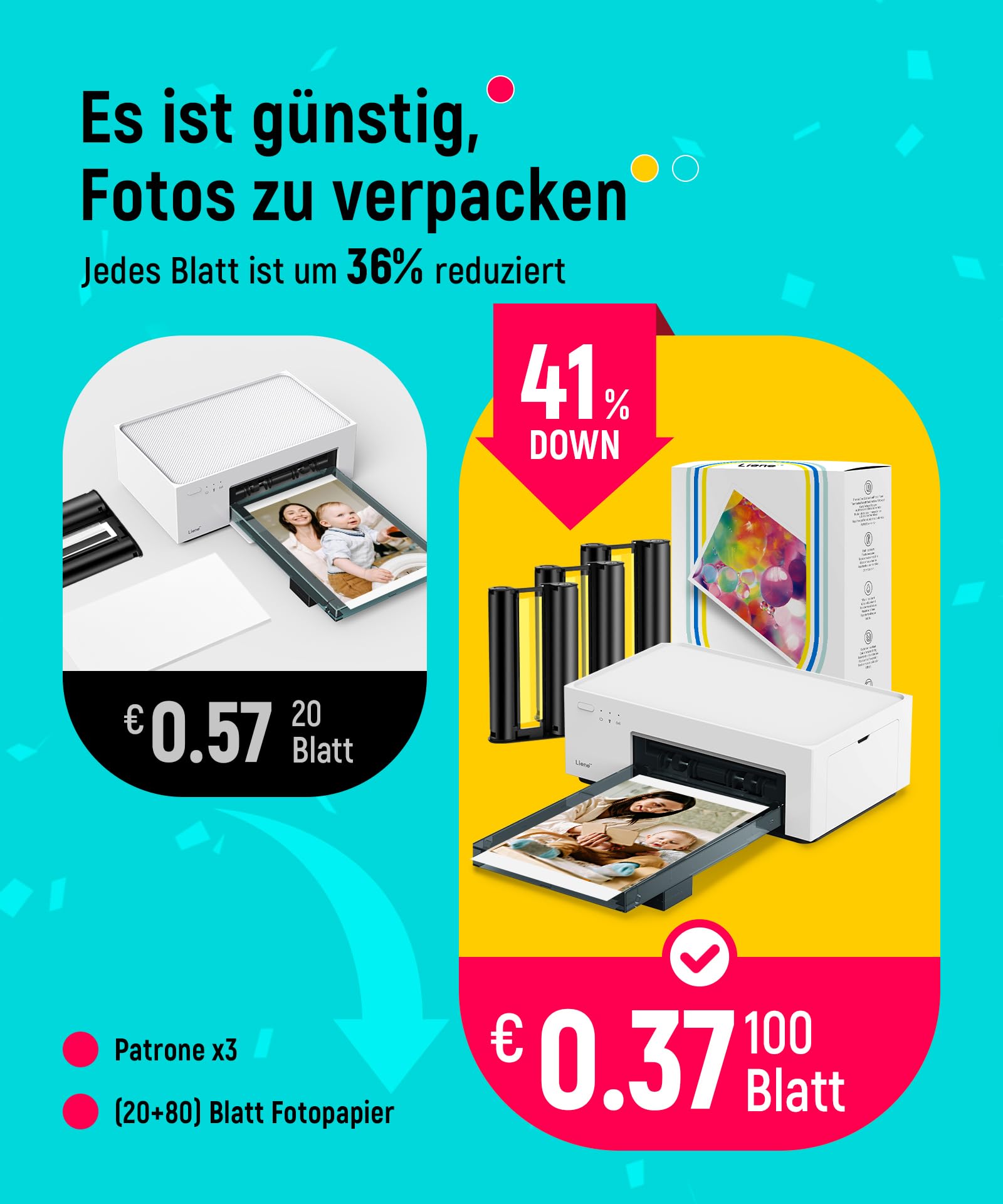 Tragbarer Fotodrucker für Smartphone und PC mit WLAN, 10x15 cm, Farbstoffsublimation, 300 DPI, inkl. 100 Blatt Fotopapier und 3 Patronen