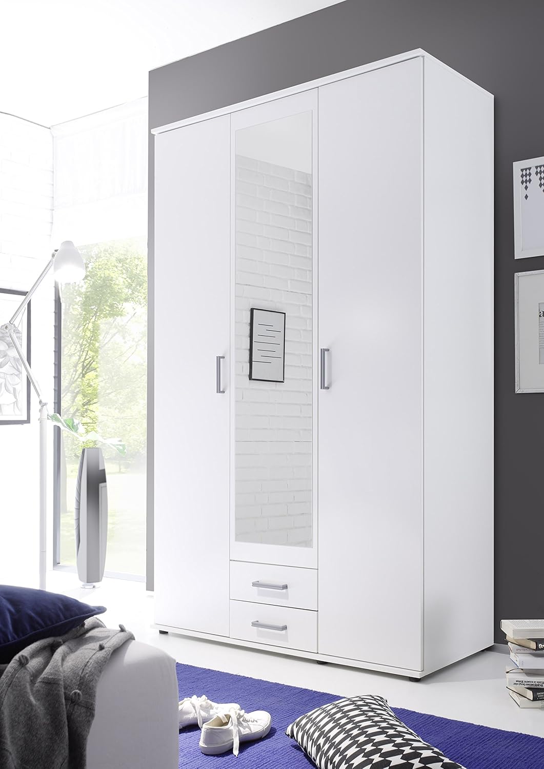 AVANTI TRENDSTORE - Kalle Wardrobe with Hinged Doors with Mirror in the Centre and with 2 Drawers in Laminated Wood, Available in 2 Different Colours, Dimensions: LAP 120 x 195 x 55 cm (White)