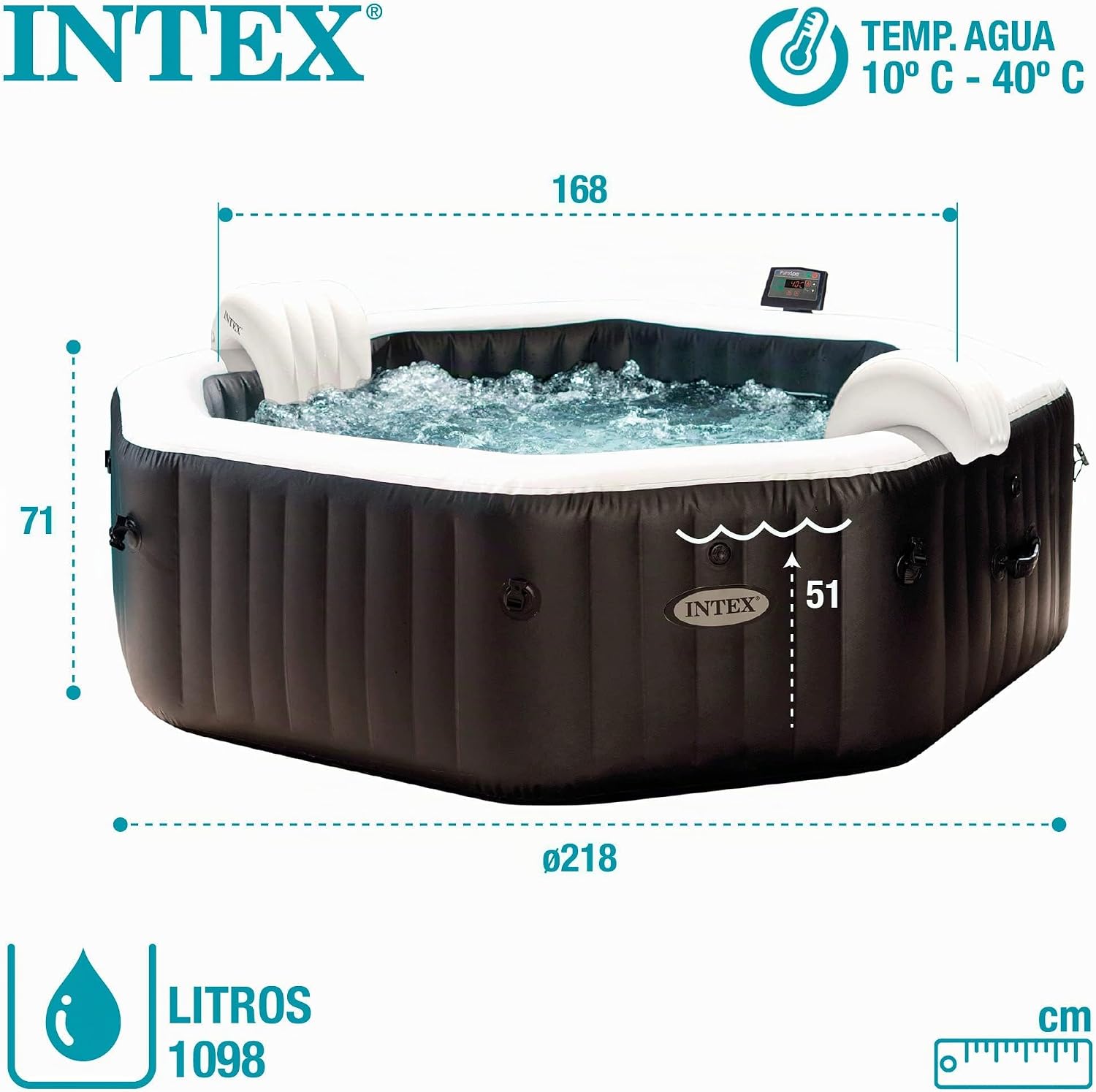 Intex 28462EX - PureSpa Vasca Idromassaggio Gonfiabile Jet&Bubble Deluxe Ottagonale, 6 posti, 140 Getti, Riscaldatore, Nero, 218x71 cm