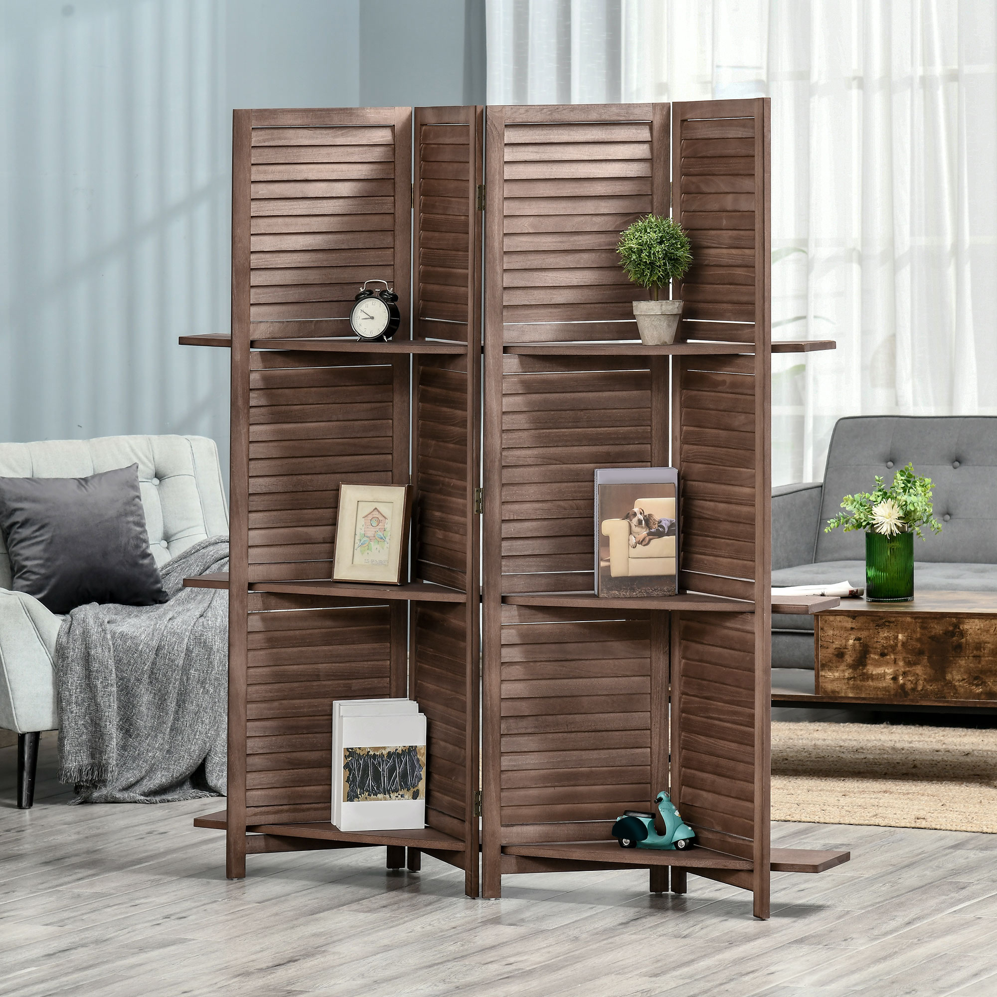 HOMCOM Paravent aus Holz mit 4 Paneelen 162 x 170 cm mit 3 Regalen, faltbarer Raumteiler, Innenraumtrennwand in Nussbaum
