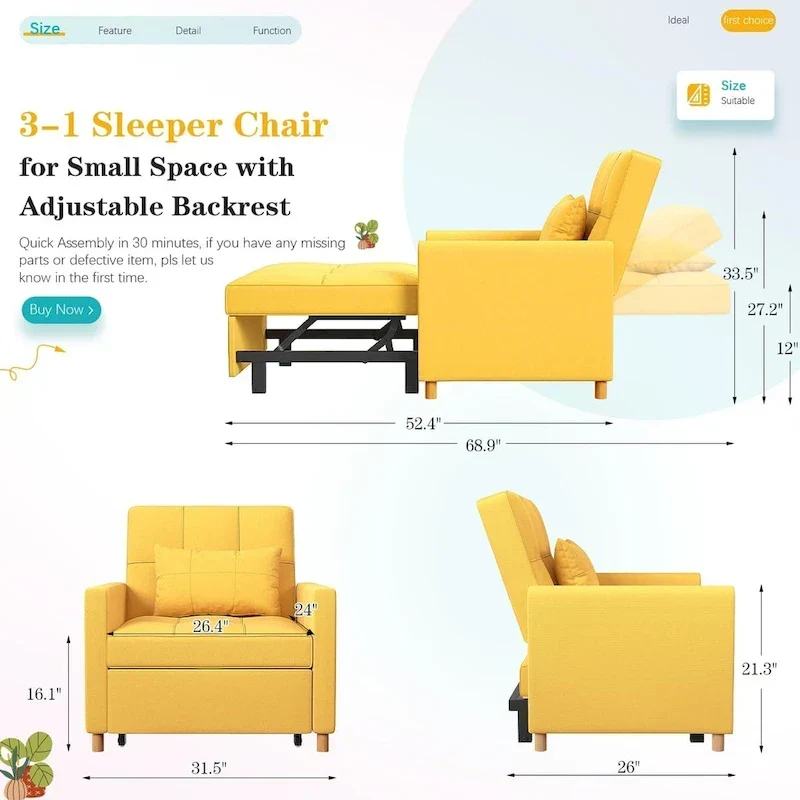 AECOJOY 3 in 1 Sleeper Sofa Chair w/ Pillow &Convertible Backrest