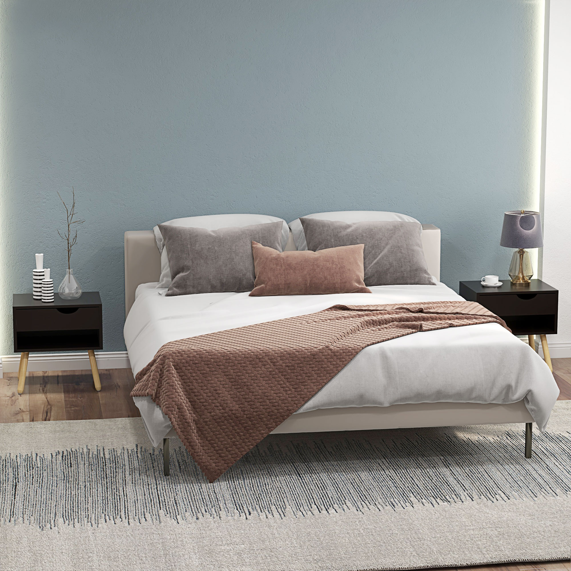 HOMCOM Set mit 2 Nachttischen Nachttische mit Schubladen Massivholzbeine modern 50 x 39 x 51 cm Schwarz und Naturholz