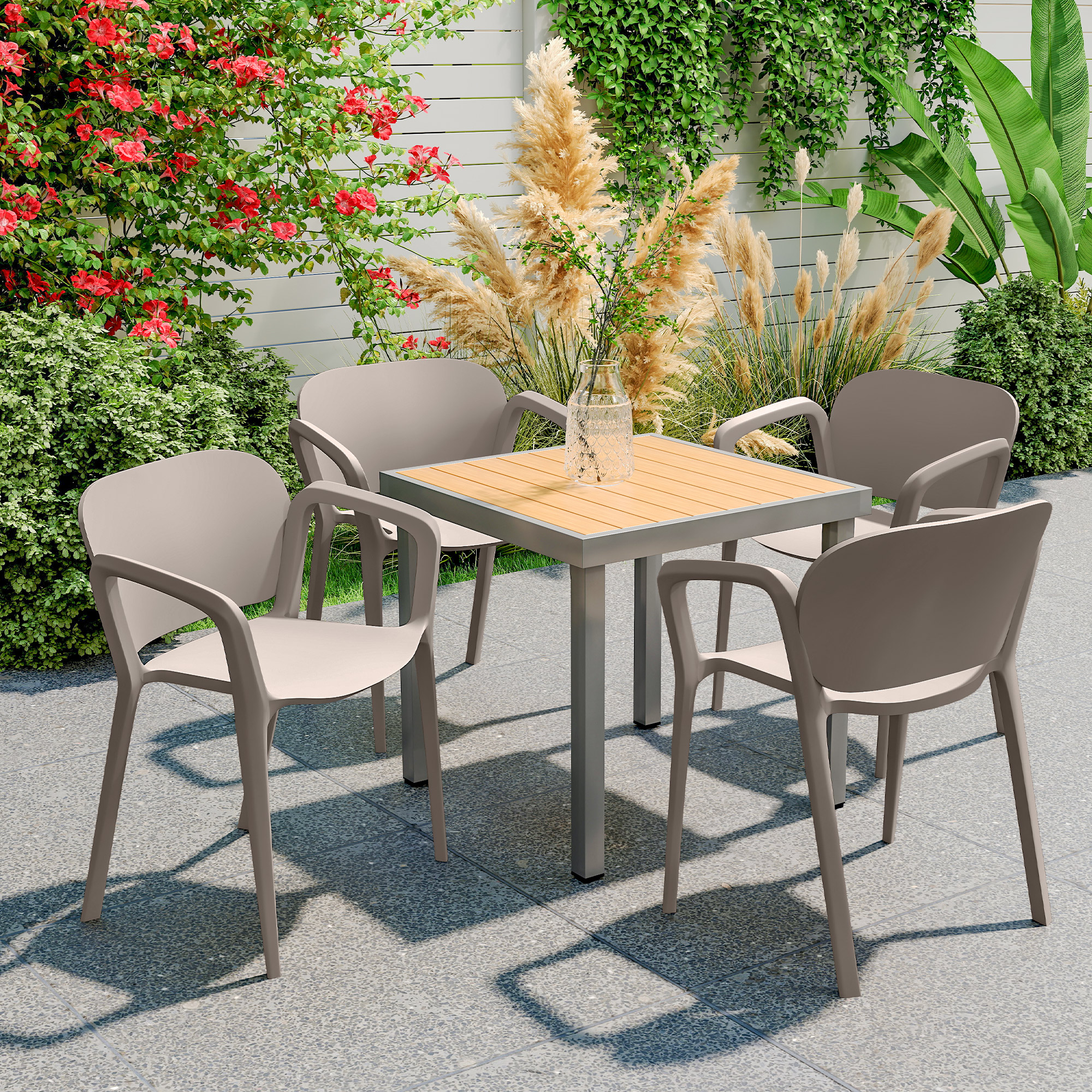 Outsunny Gartenstuhl 4er Set wetterfest Gartenstühle aus Kunststoff Stapelstuhl mit Armlehne Rückenlehne bis 120 kg belastbar