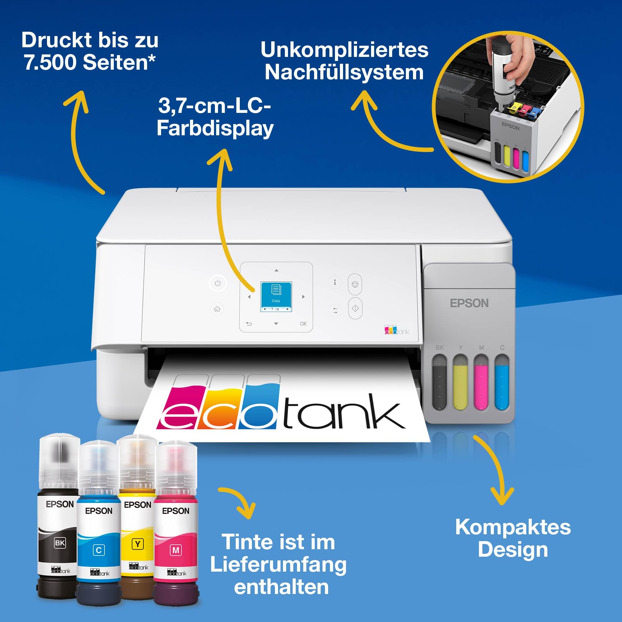 EcoTank ET-2926 Multifunktionsdrucker für Haushalte, WLAN, A4, Drucken, Kopieren, Scannen mit LC-Display und AirPrint, inklusive Tinte für bis zu 3