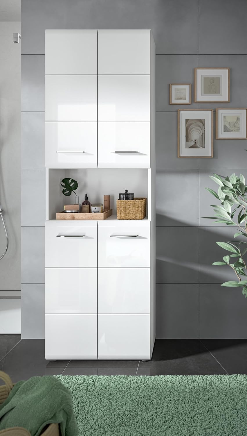 xonox.home - Hochschrank Ice 60x185x30 cm in Front weiß Hochglanz Tiefziehfront Korpus weiß - breiter Badhochschrank - stilvoll und funktional