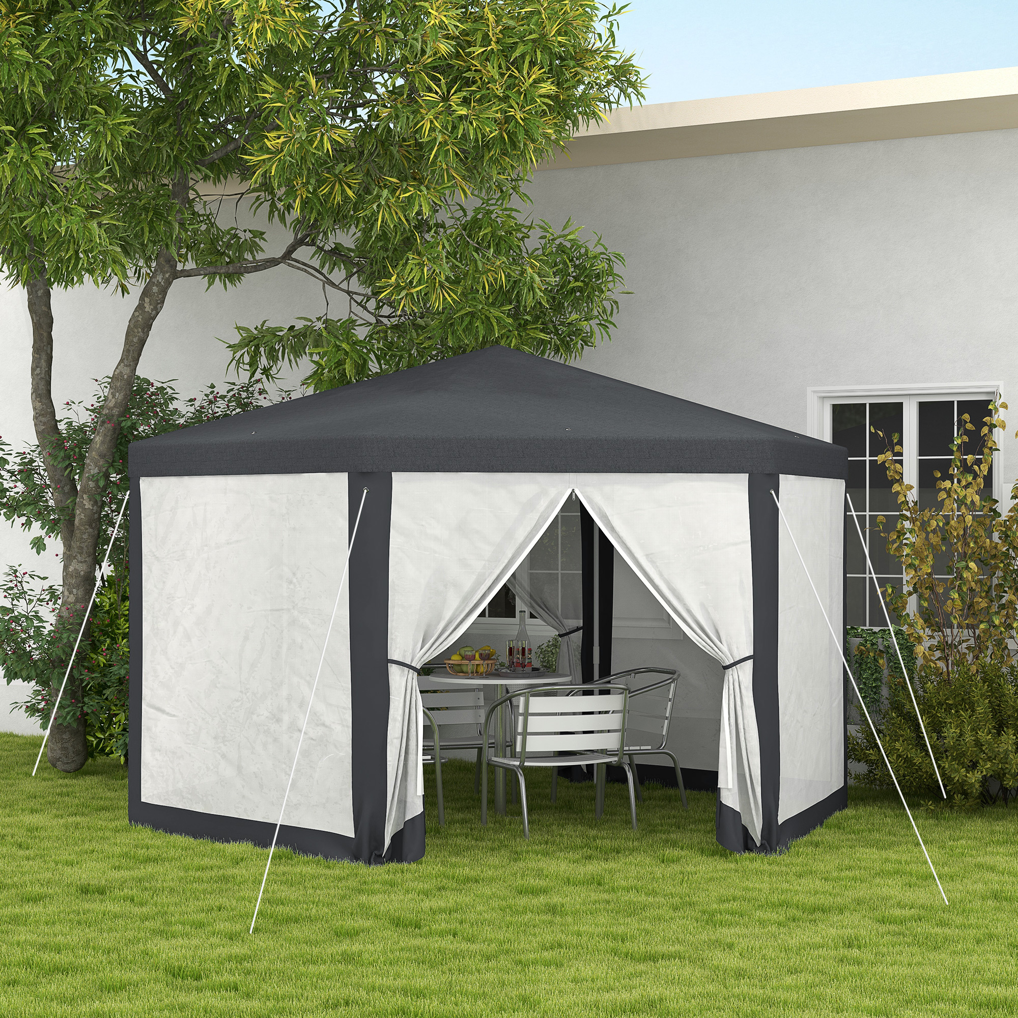 Outsunny Gartenpavillon, 6-eckig, Netzvorhänge, Metallgestell, 3,94x3,412x2,5m, Dunkelgrau