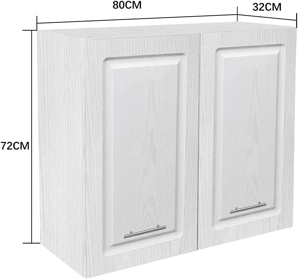 Shally Dogan Pensile Scolapiatti con Vassoio Salvagoccia da Cucina Design Boiserie, Mobile a Parete in Legno Resistente Armadio Sospeso con Due ante e Due Ripiani, 80 x 32 x 72H cm (Bianco Frassianto)