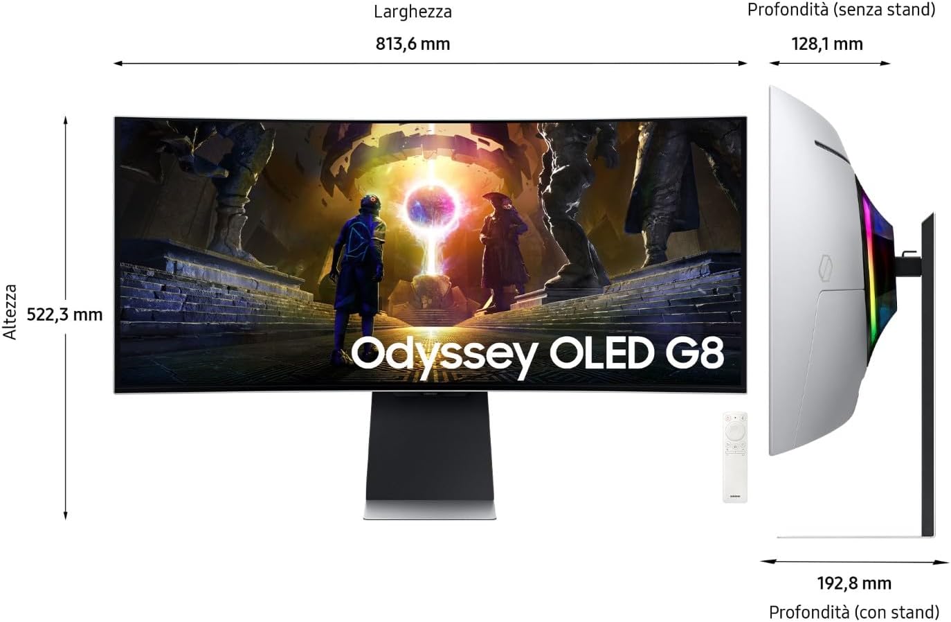 Monitor Gaming Odyssey OLED G8 (S34DG850), Curvo (1800R), 34'', 3440x1440 (WQHD), 21:9, HDR10+, QD-OLED Glare Free, 175Hz, 0,03ms (GtG), Compatibilità G-Sync, HDMI, USB, DP, WiFi, Casse, HAS