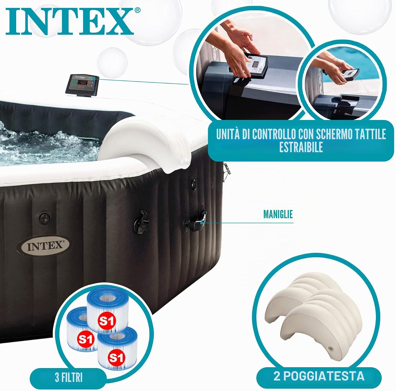 Intex 28462EX - PureSpa Vasca Idromassaggio Gonfiabile Jet&Bubble Deluxe Ottagonale, 6 posti, 140 Getti, Riscaldatore, Nero, 218x71 cm