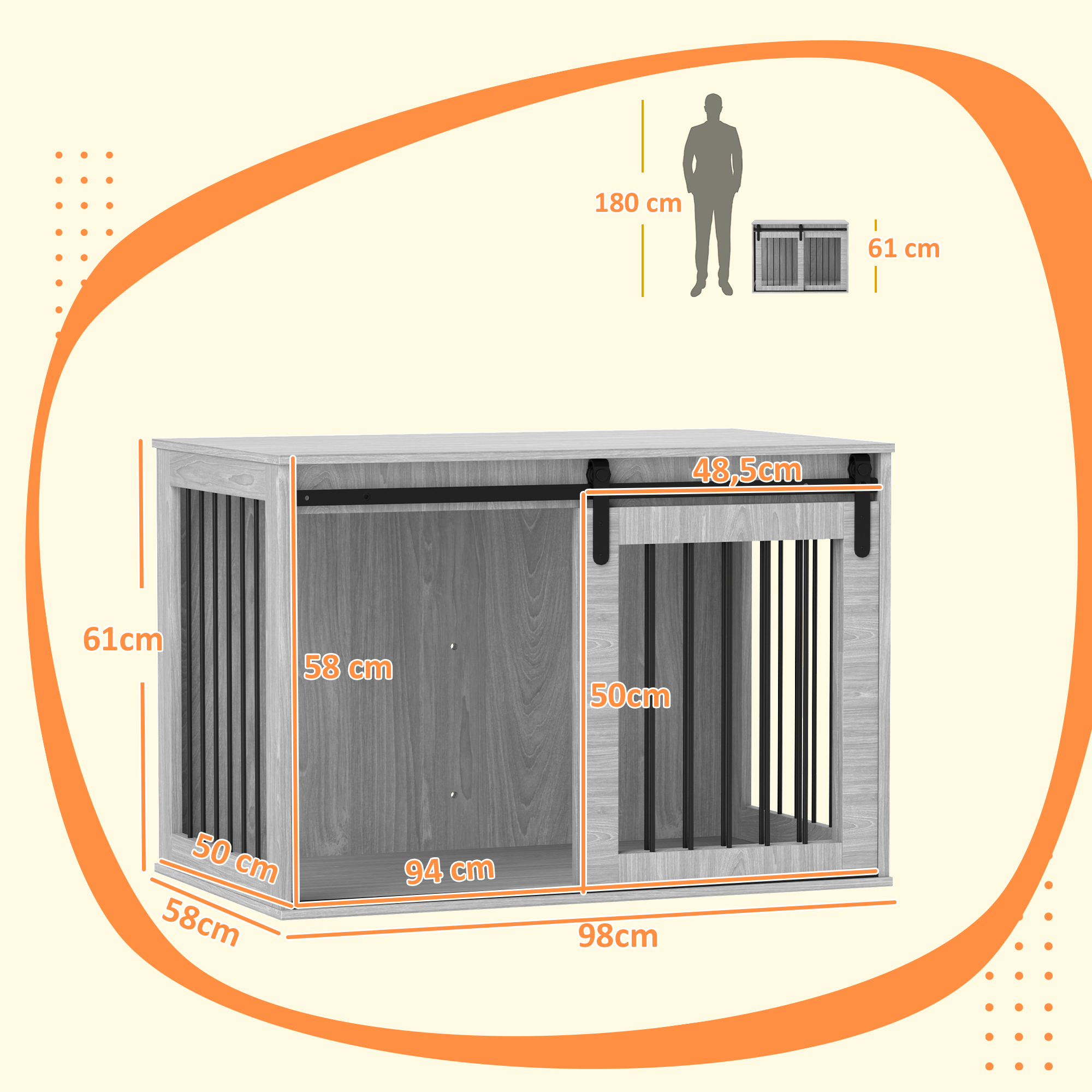 Hondenbench met schuifdeur, ventilatie, spaanplaat en staal, 98 x 58 x 61 cm, Grijs