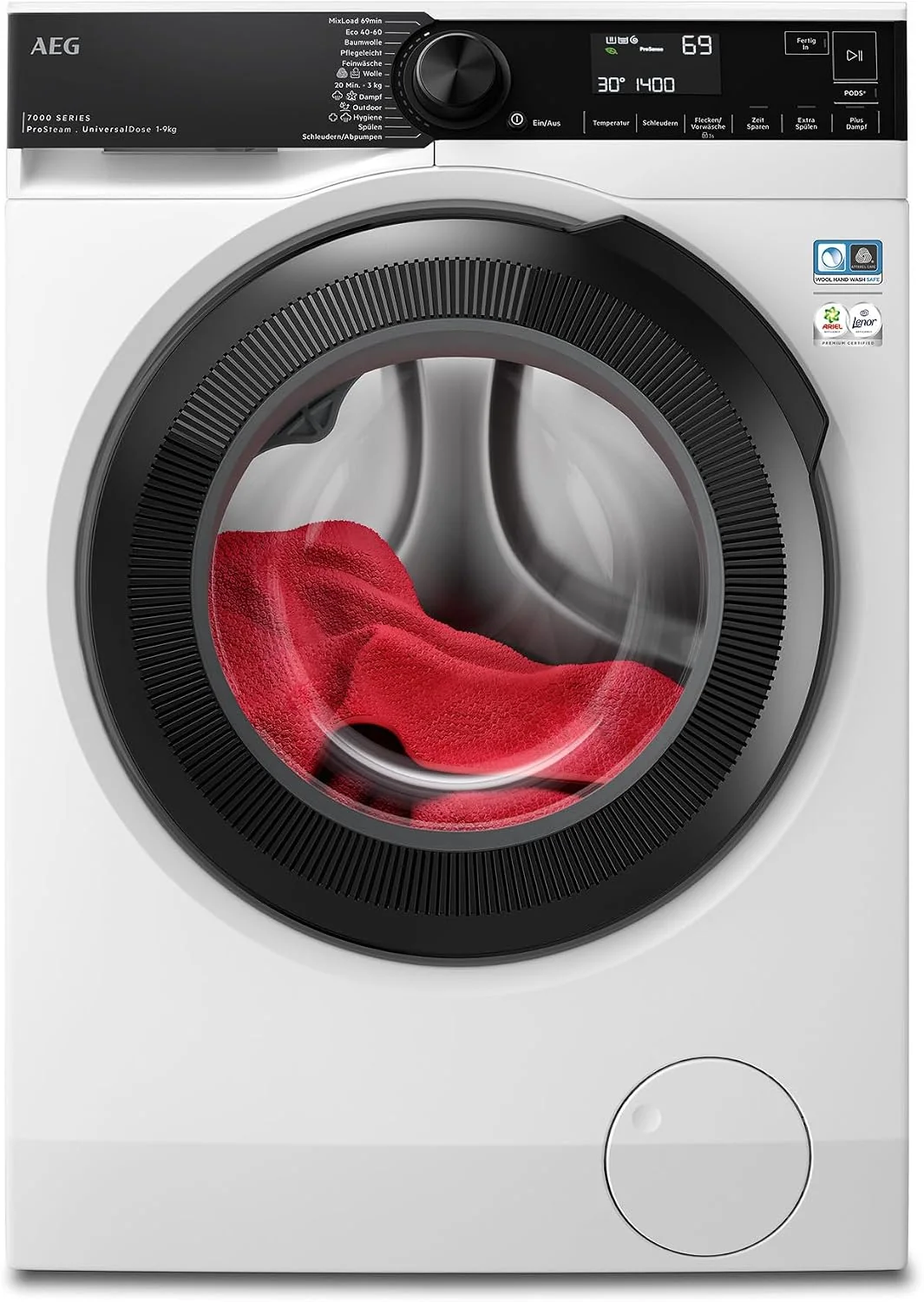 AEG Waschmaschine 9kg Serie 7000 ProSteam, 1600U/min, LR7EA75690, UniversalDose-Schublade für jedes Waschmittel bes. Effektiv für PODS, Dampf-Programm