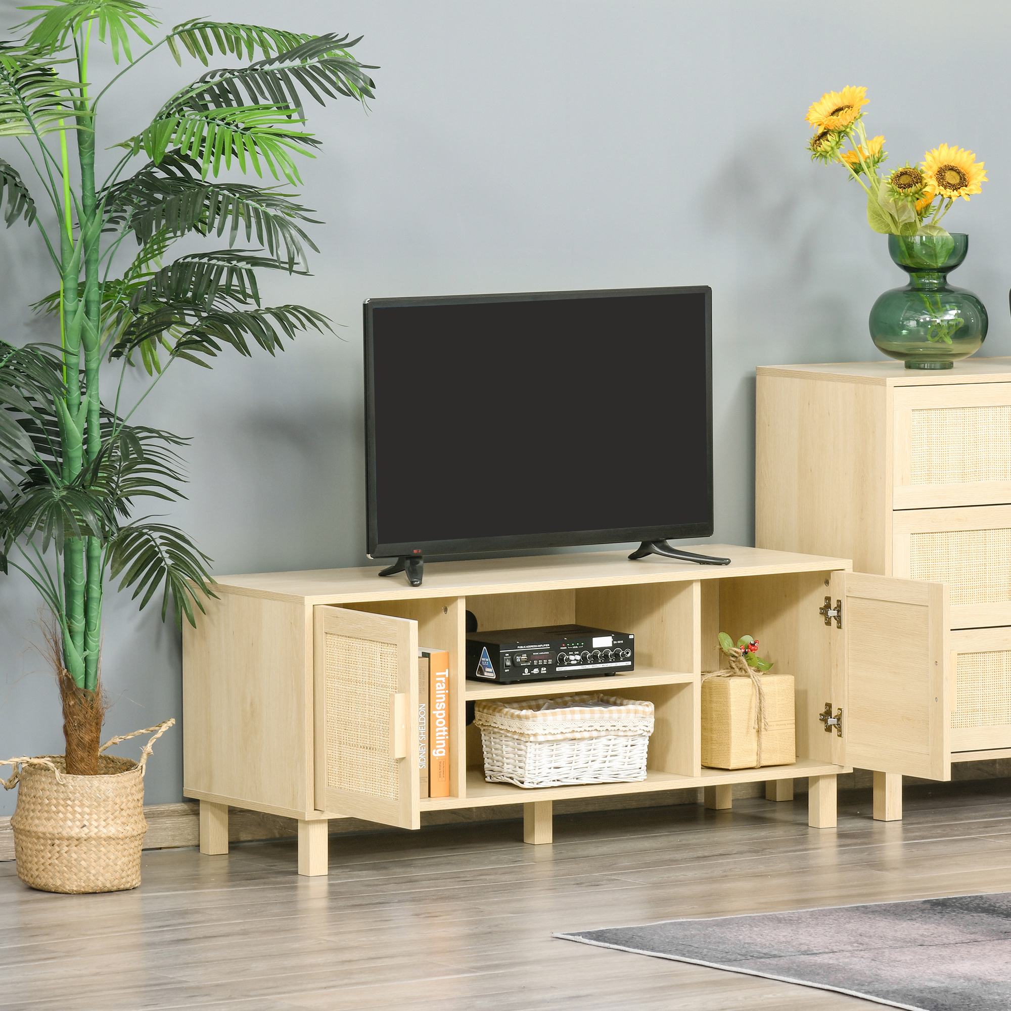 HOMCOM Fernsehtisch Lowboard  TV-Bank TV-Kommode mit 2 Rattantüren und Offene Regale MDF Natur 115 x 40 x 48 cm