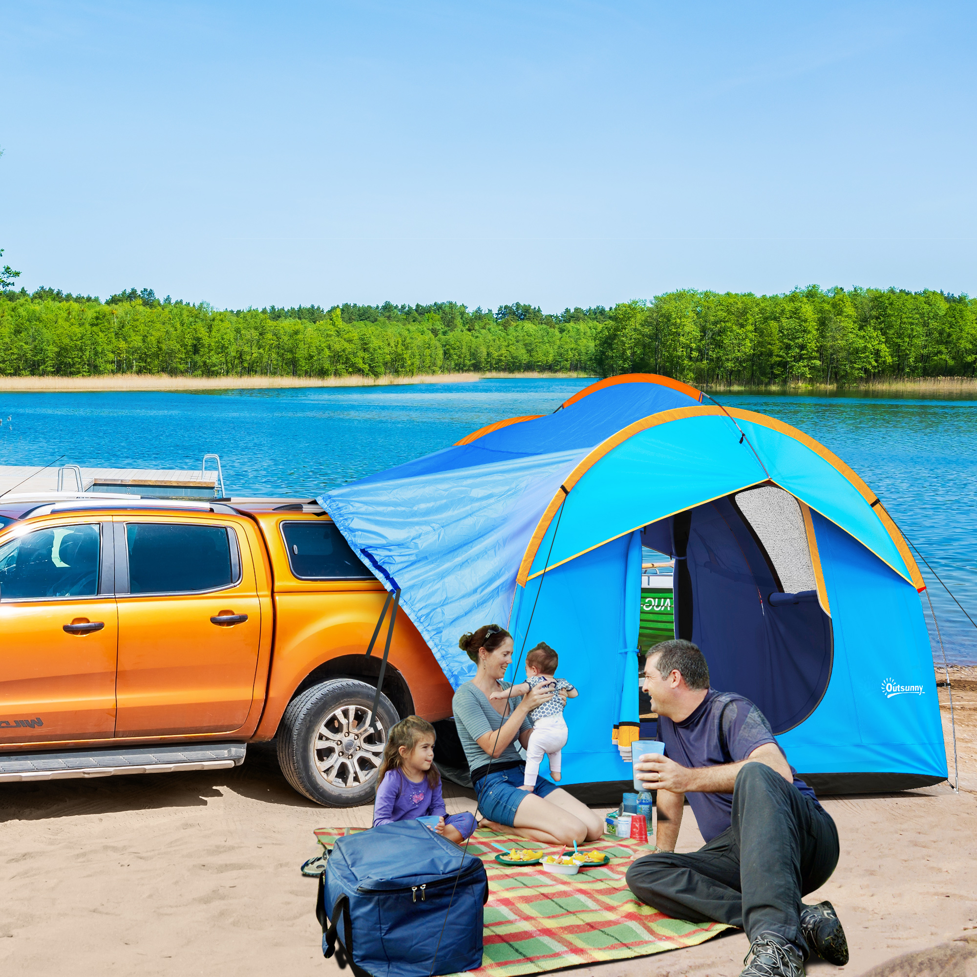 Outsunny Autozelt Campingzelt, 3 Türen, wetterbeständig, 239cm x 210cm x 210cm, Orange + Blau