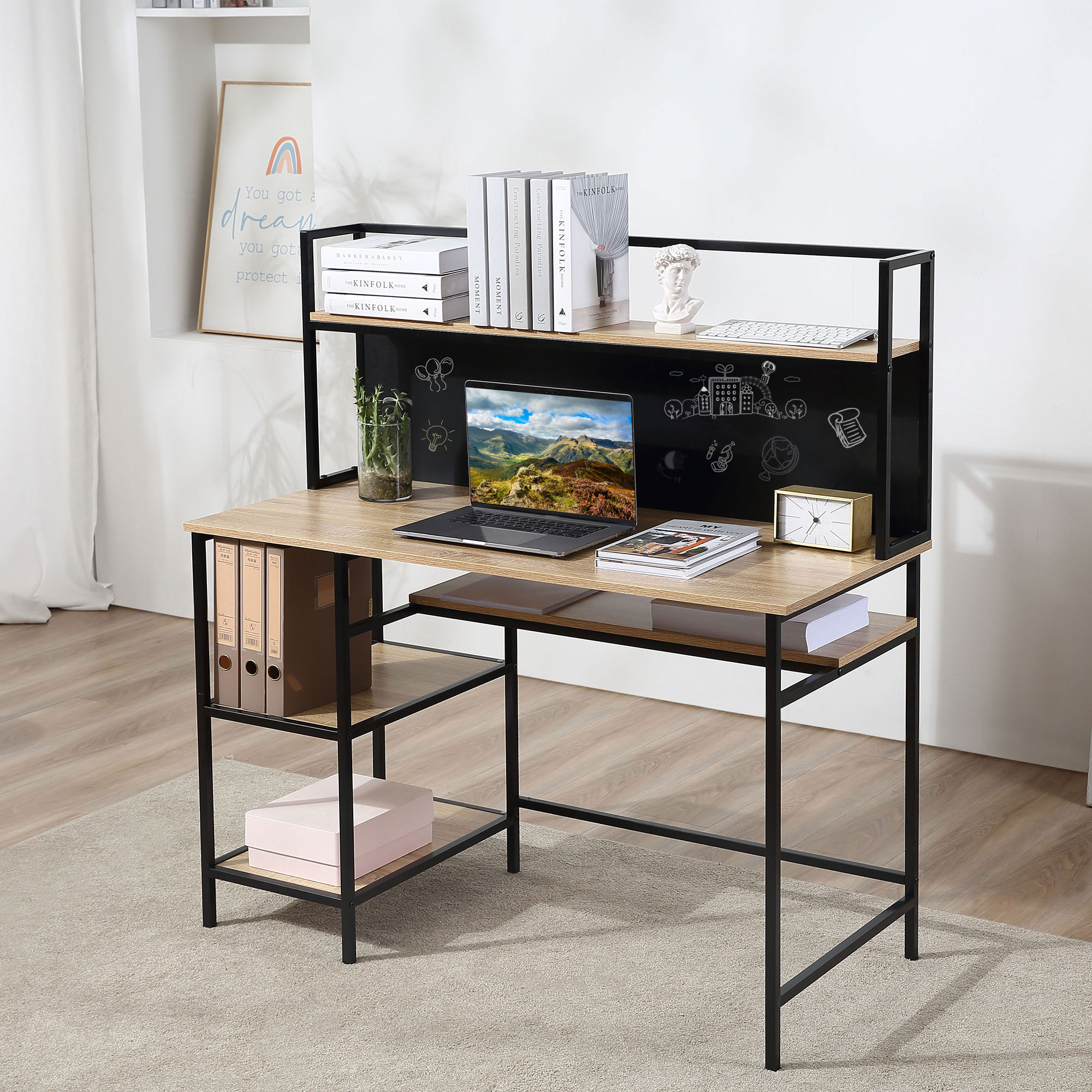 HOMCOM Schreibtisch mit Aufbewahrung Computer Schreibtisch mit 4 Regalen, großer Arbeitsplatte und schwarzer Tafel für Wohnzimmer Schlafzimmer Home Office 120L x 53B x 126H cm, Eiche und Schwarz