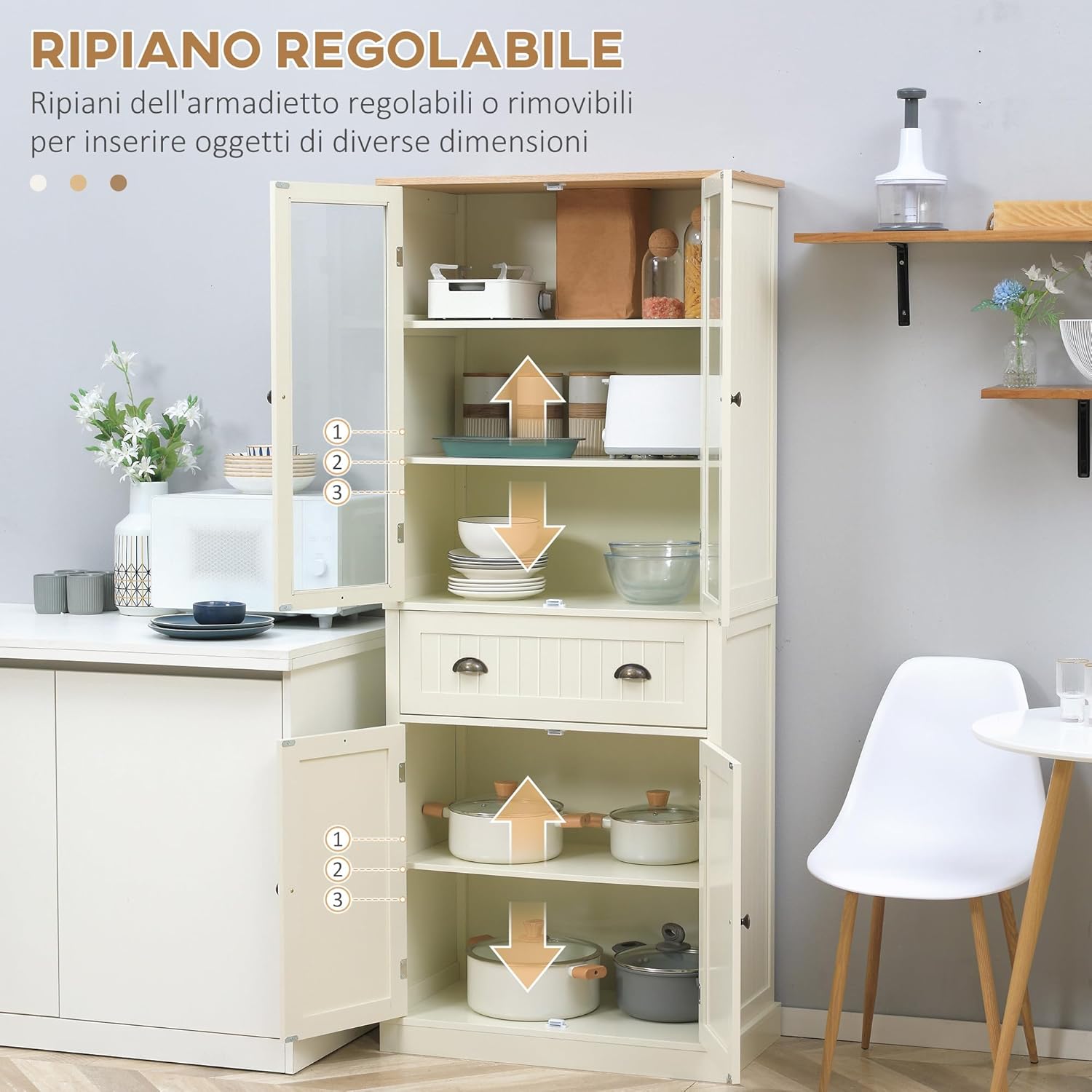 HOMCOM Mobile Dispensa a 5 Livelli con Cassetto Centrale, Dispensa per Cucina, Sala da Pranzo e Soggiorno con Ripiani Regolabili e Ante in Vetro Temperato, 76x40x182.5 cm, Bianco Crema