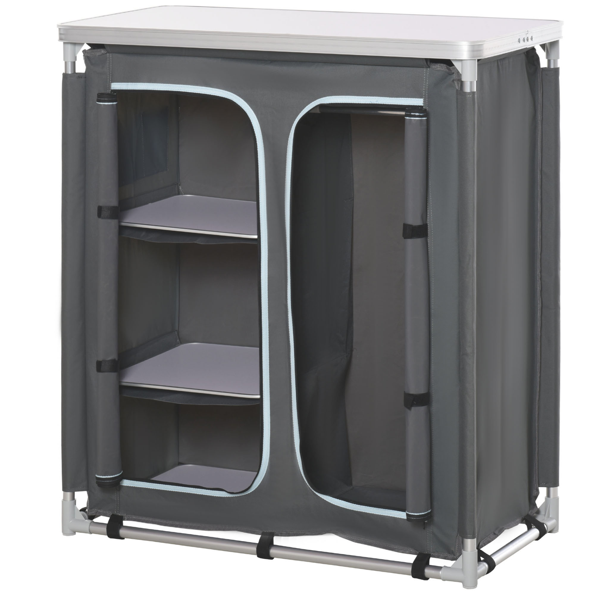 Outsunny Campingschrank Küchenbox tragbar mit Arbeitsplatte Tragetasche 3 Ablagen 1 Schrank 600D Oxford Stoff Grau 96 x 49,5 x 104 cm