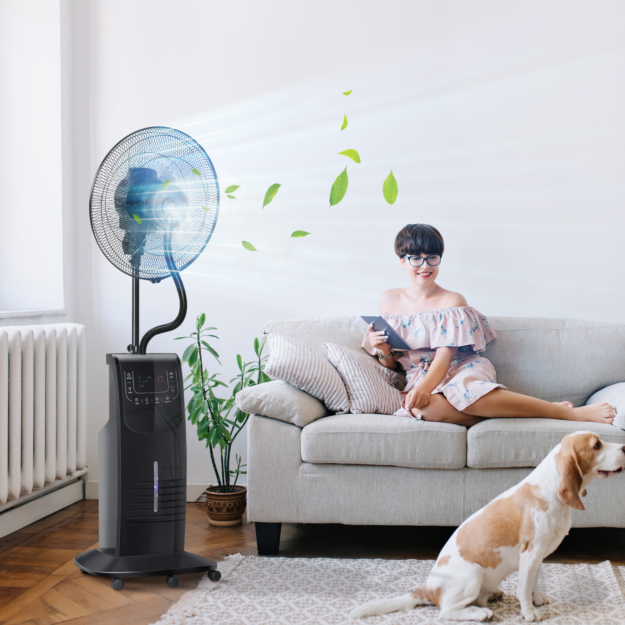 Statiefventilator met 3,1 liter waterverstuiver ventilator hoogte 135 cm 3 modi