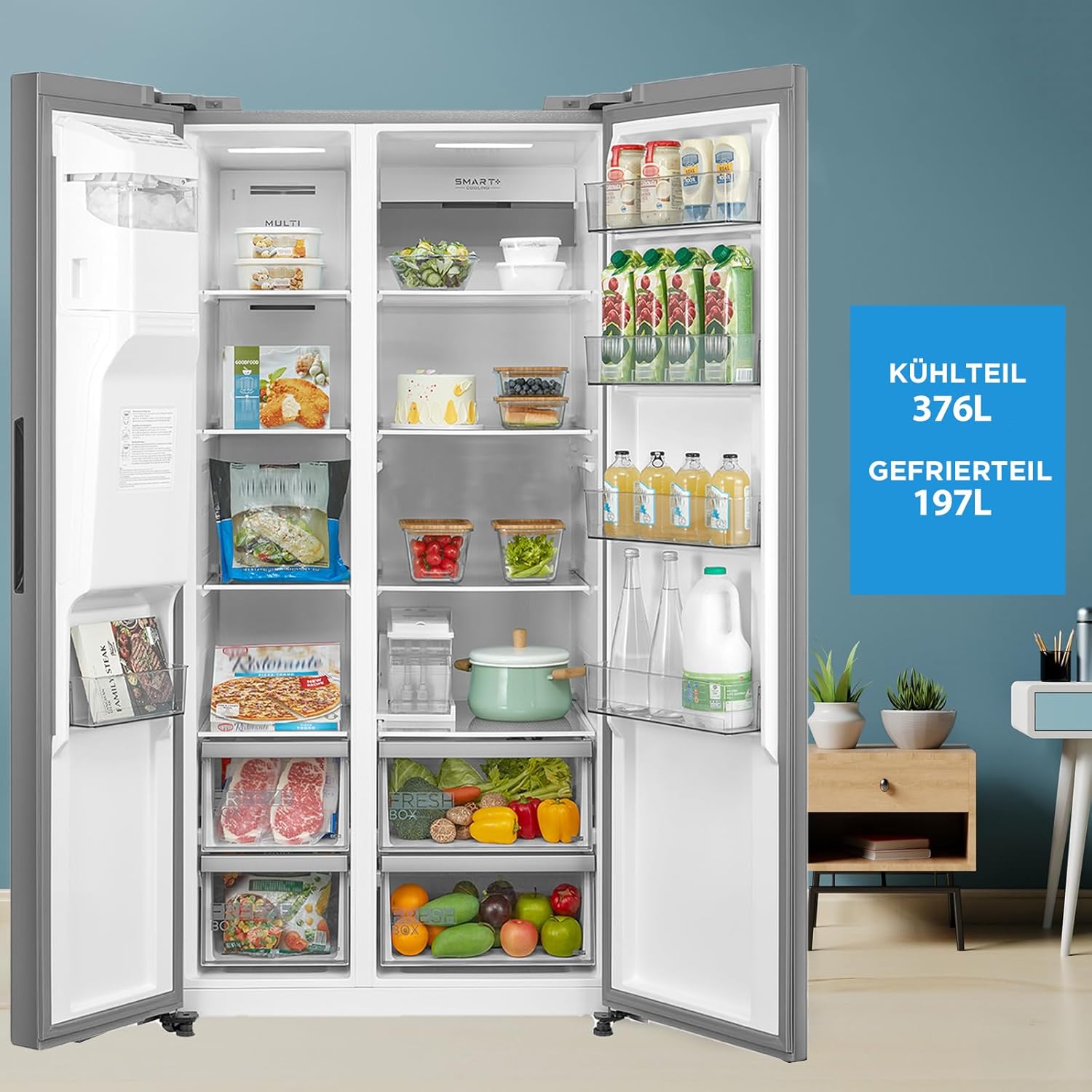 Midea KS-DDX 6.32 WT Side-by-Side Kühl-/Gefrierkombination/ 178,8 cm Hhe/ 254 kWh/Jahr/No Frost/Dual Inverter Compressor/mit 3in1 Wasser-/Eisspender und Wassertank, Dark Inox