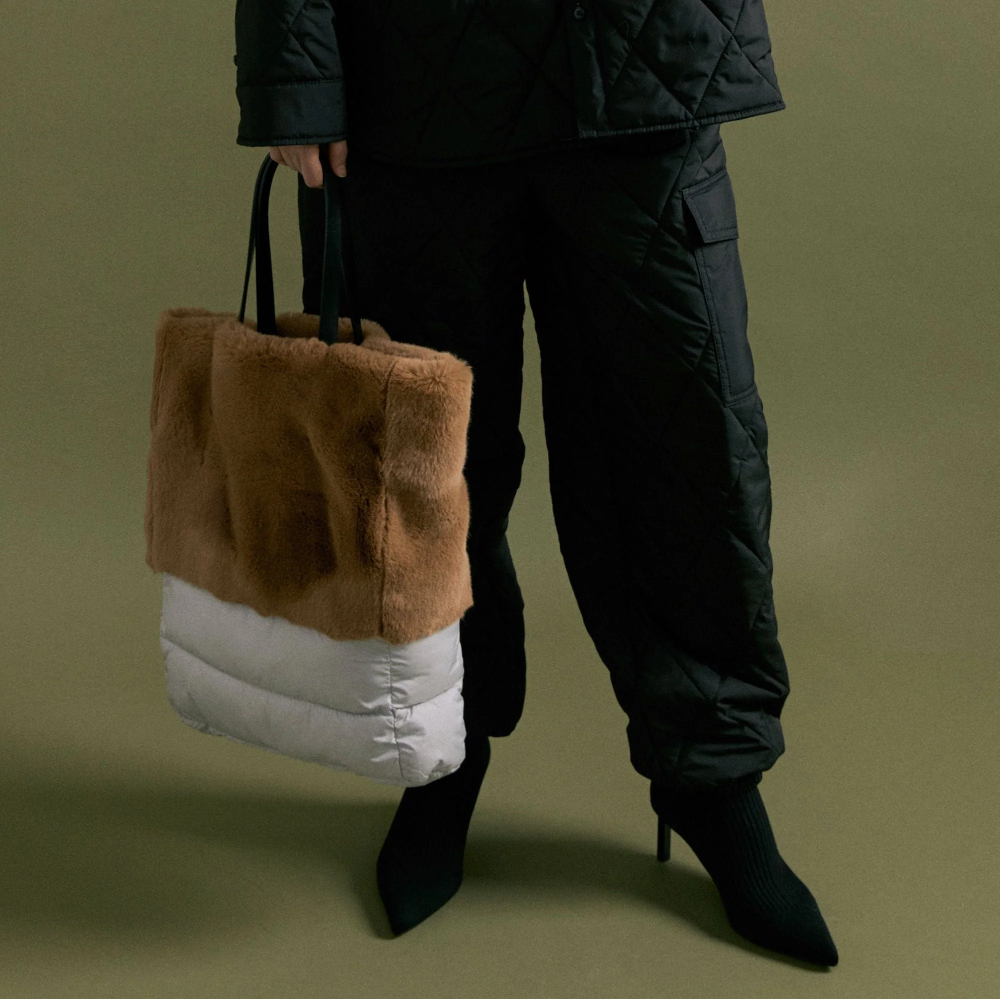 Brown Faux Fur & Padding Tote Bag