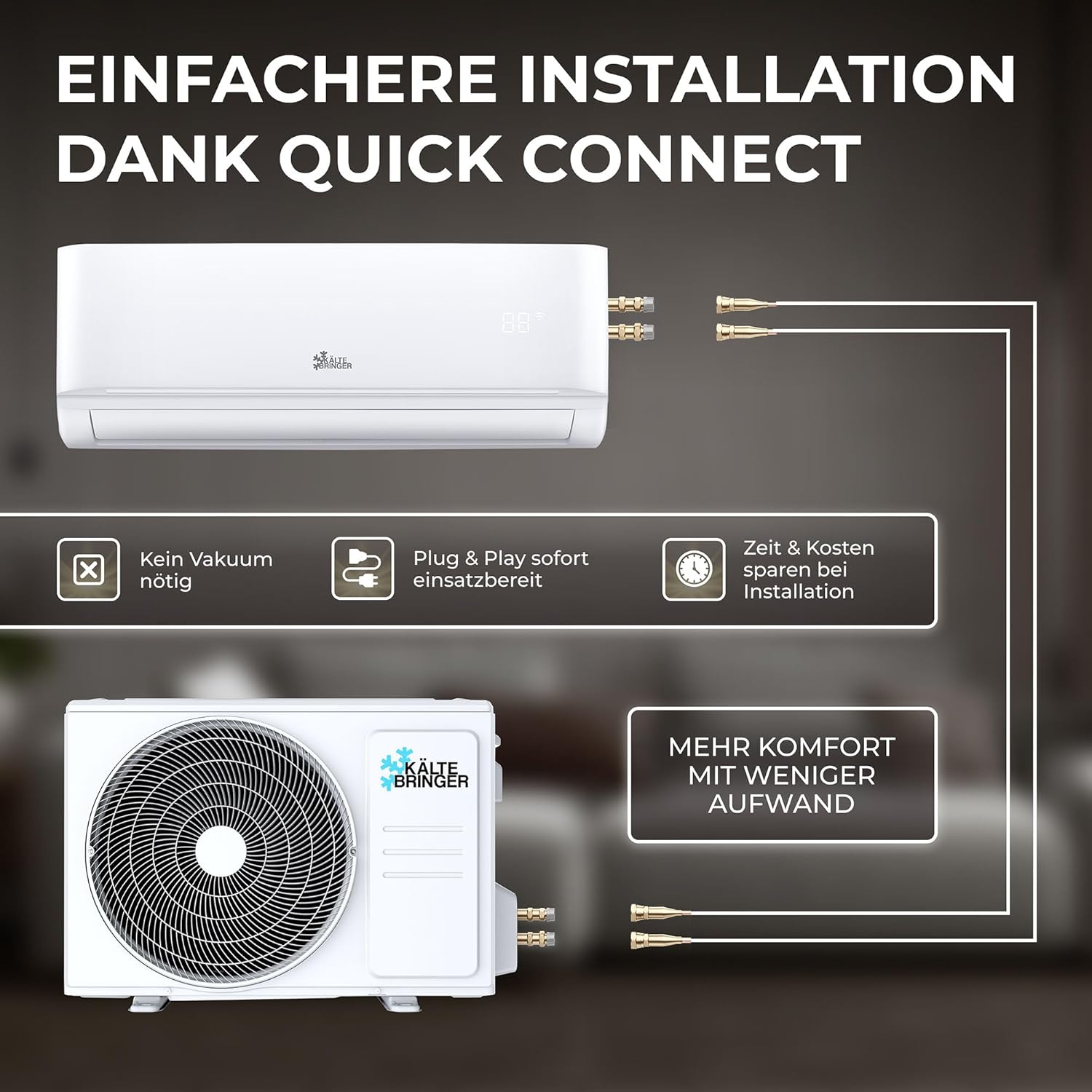 Kältebringer Split Klimaanlage Quick Connect - 18000 BTU (5,3 kW) - Klimagerät mit Heizfunktion, WiFi & App, bis 91qm, sehr leise - 5m Kupferleitung, Kältemittel R32, Montagematerial, Bodenkonsole
