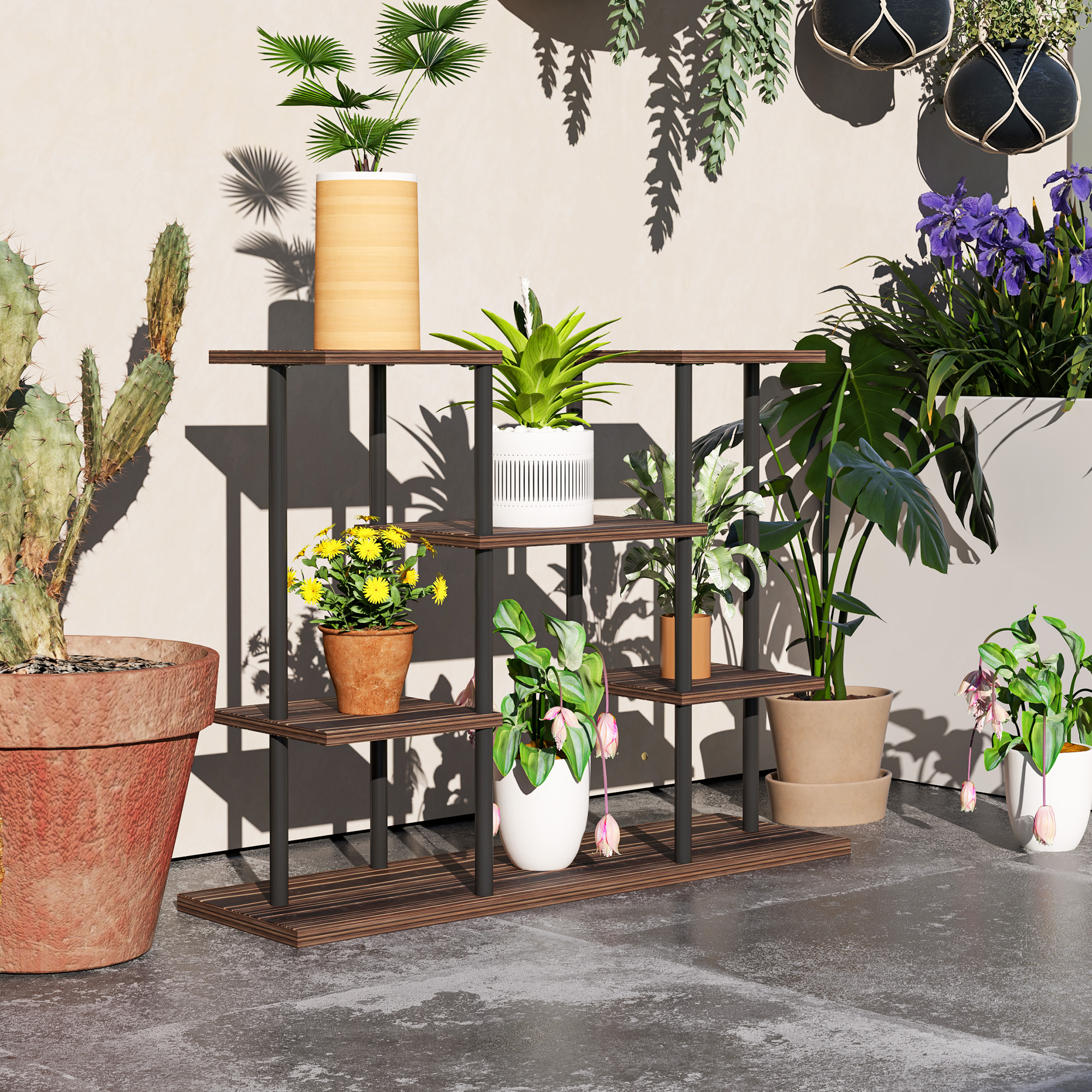 Outsunny Blumenständer mit 4 Ebenen, 4-stufiger Pflanzenständer, Blumentopfhalter für drinnen und draußen, Holz, Stahl