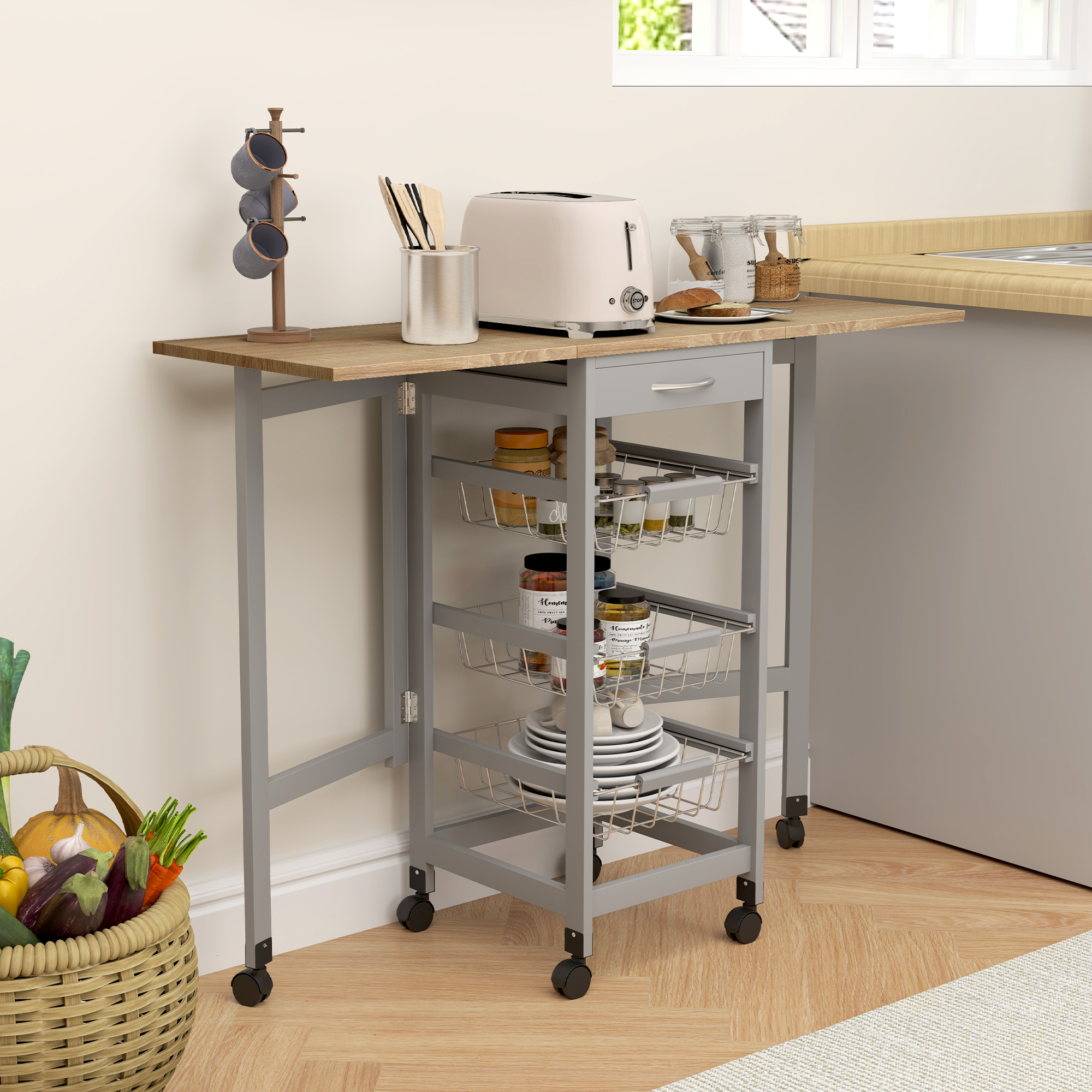 HOMCOM Küchenwagen mit 3 Körben, Schublade und 2 Klappen, aus Holz und Metall, 37x37x77.5 cm, Grau und Eiche