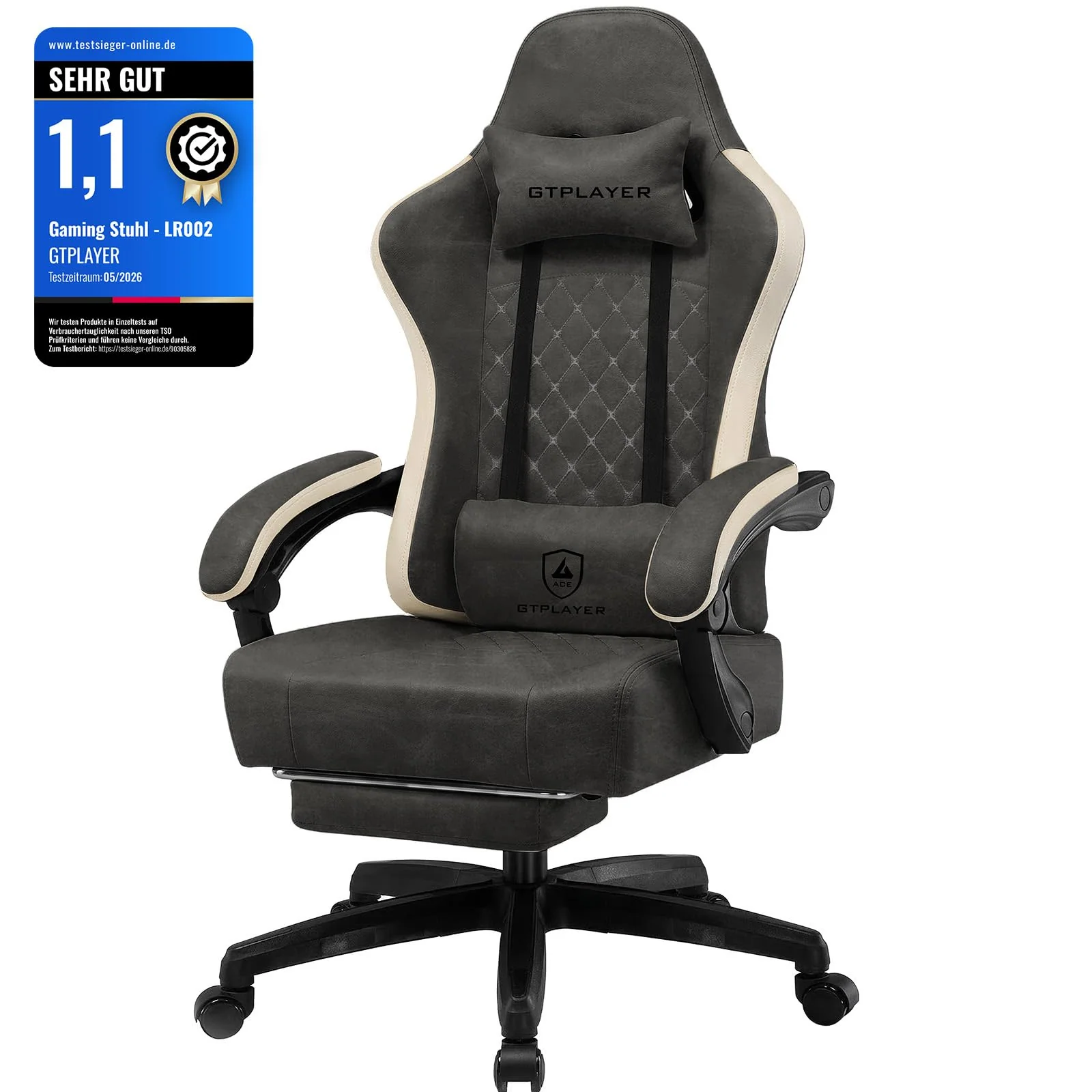 GTPLAYER Gamingstuhl mit Taschenfeder-Sitzkissen, Fußstütze und verstellbarer Rückenlehne