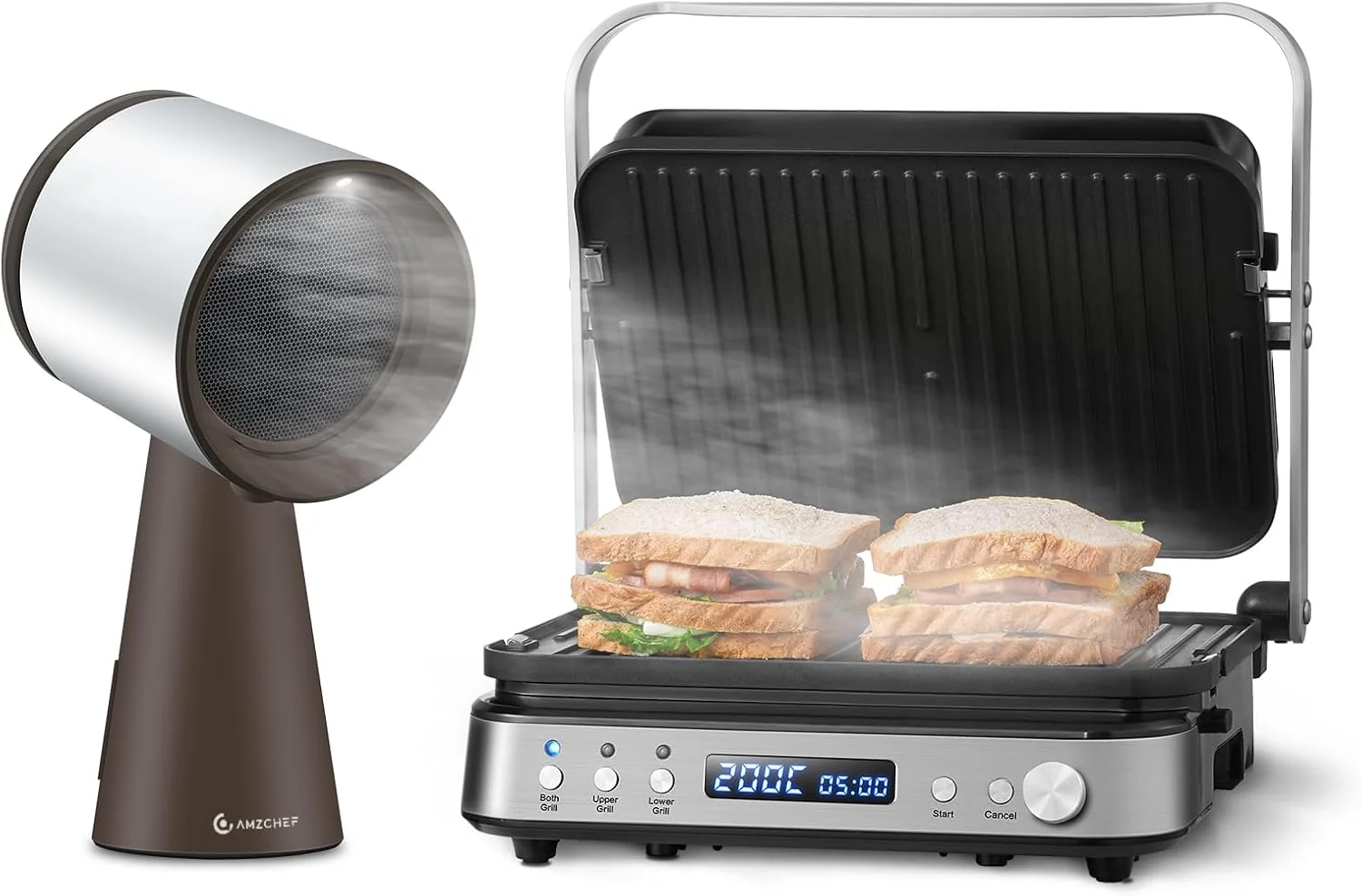 AMZCHEF Dunstabzugshaube, Schwarz/Silber, Kontaktgrill & Mobile