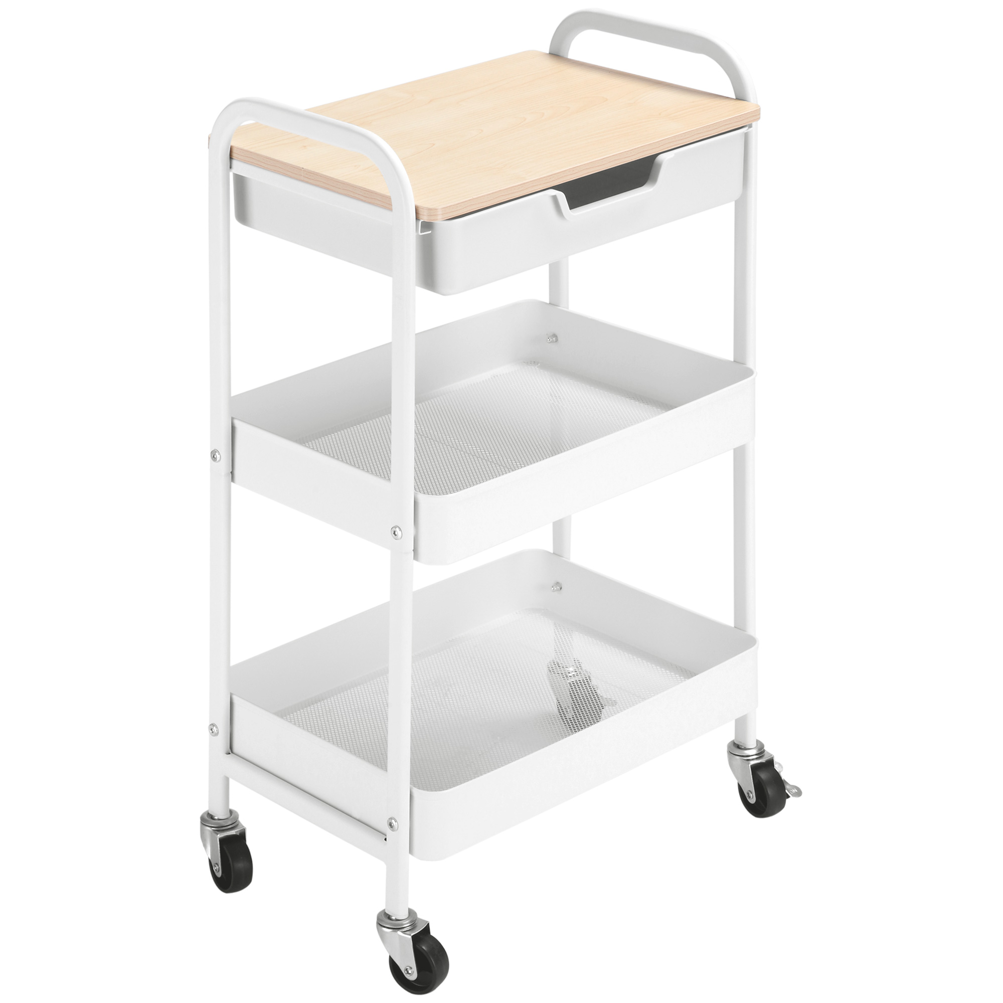HOMCOM Küchenwagen Servierwagen 2 Regale Schublade Ablage Holzoptik Stahl PP Weiß
