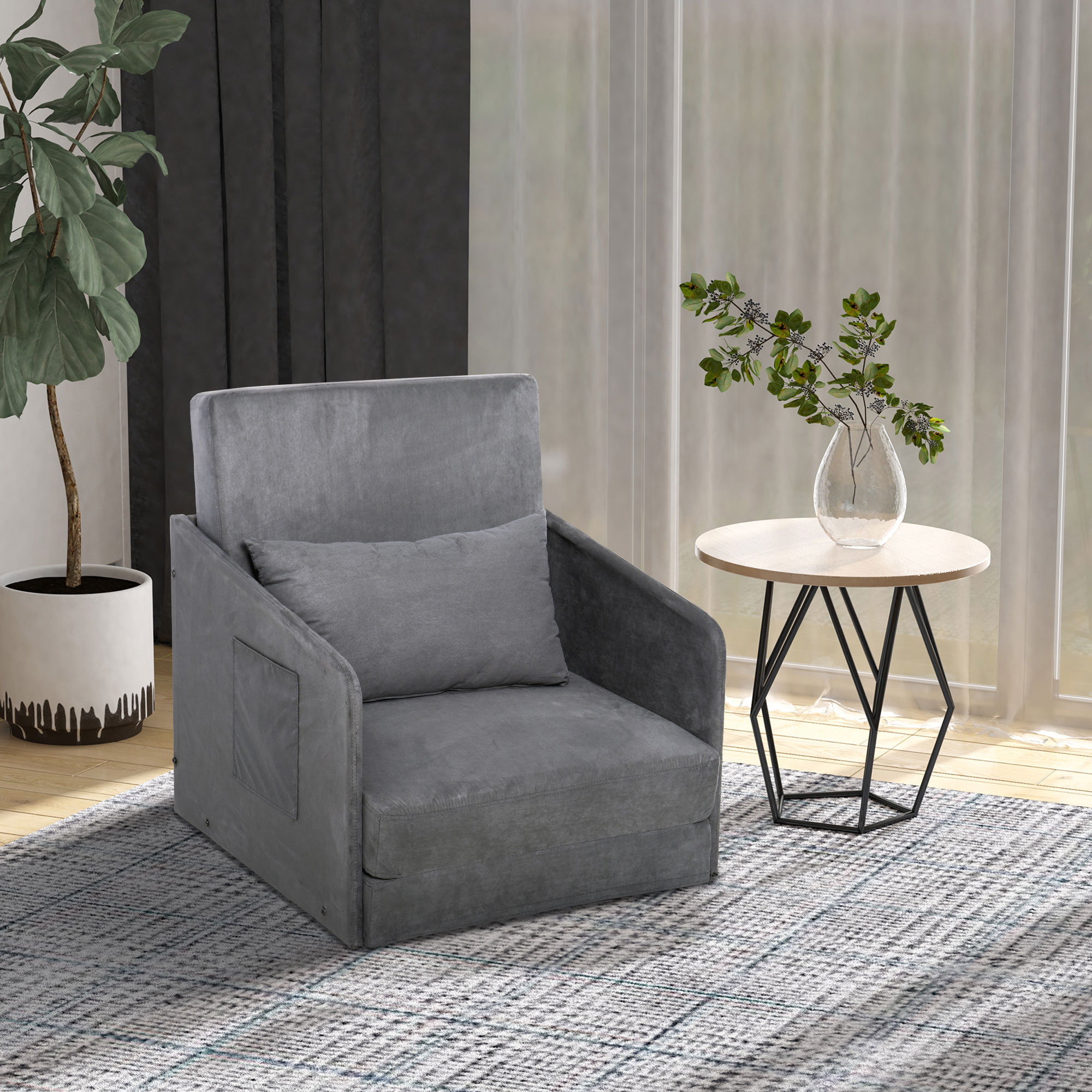 HOMCOM Schlafsofa Sofabett Einzelsofa Waschbarer Bezug 2 Seitentaschen Kissen Metall Grau 70 x 76 x 77 cm