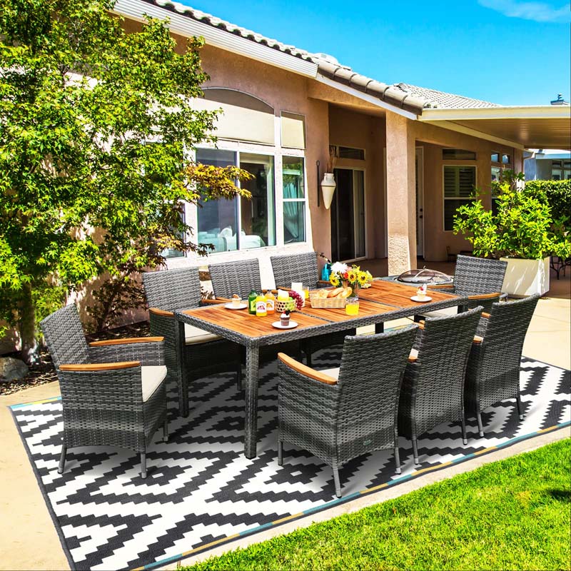 9 Pcs Rattan Patio Dining Set Outdoor Furniture Set With Acacia Wood Table Amp Cushioned Armchairs - High Quality Set For Everyday Use