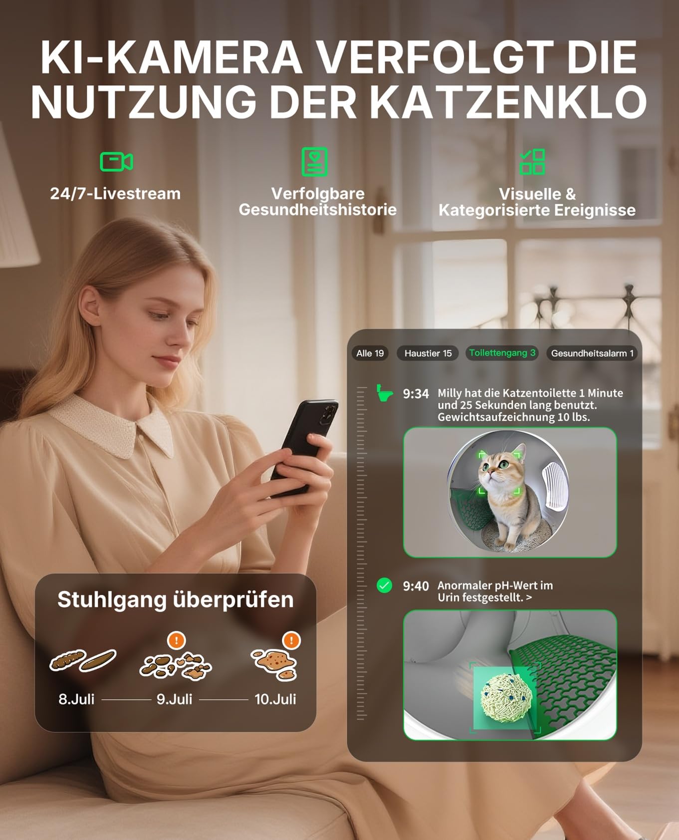 Selbstreinigende Katzentoilette PUROBOT Max Pro 2 mit KI-Kamera und Mehrkatzen-Erkennung, für große Katzen