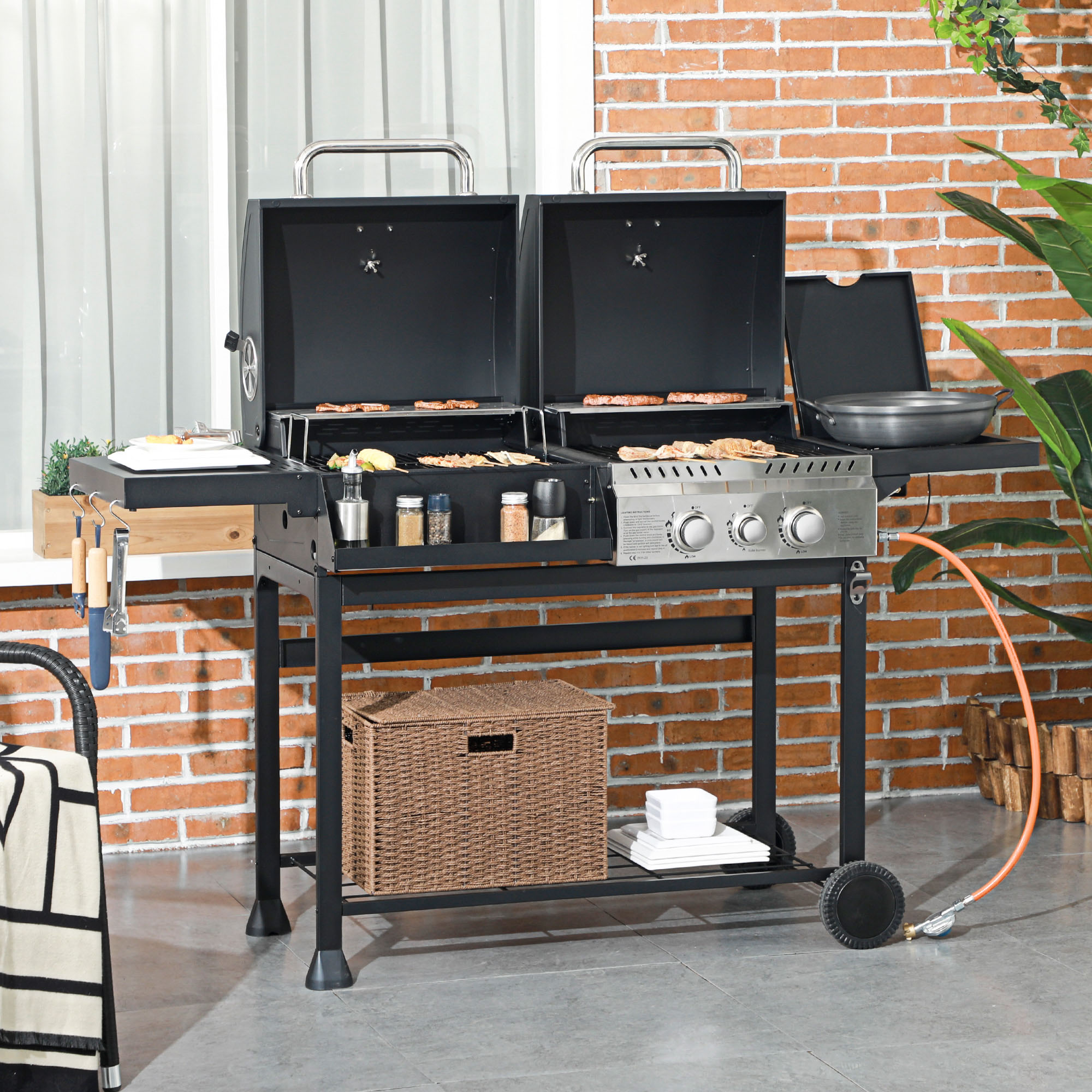 Outsunny Gasgrill BBQ-Grill, inkl. Thermometer, Warmhalteplatten, 161 x 53 x 101 cm, Schwarz + Silber