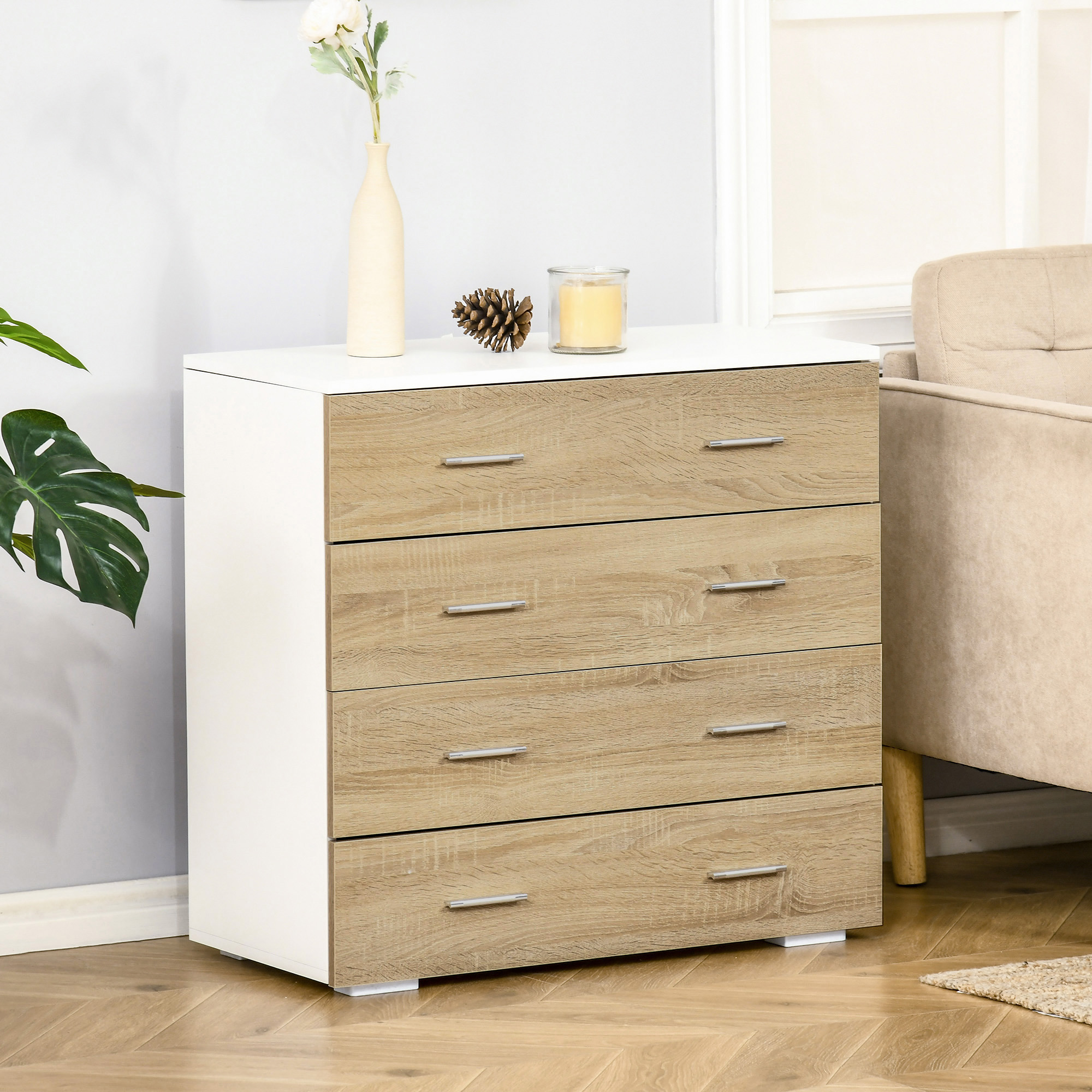 HOMCOM Kommode mit 4 Schubladen Badezimmerschrank Schubladenschrank für Schlafzimmer Wohnzimmer Eiche Weiß 76x35x72 cm