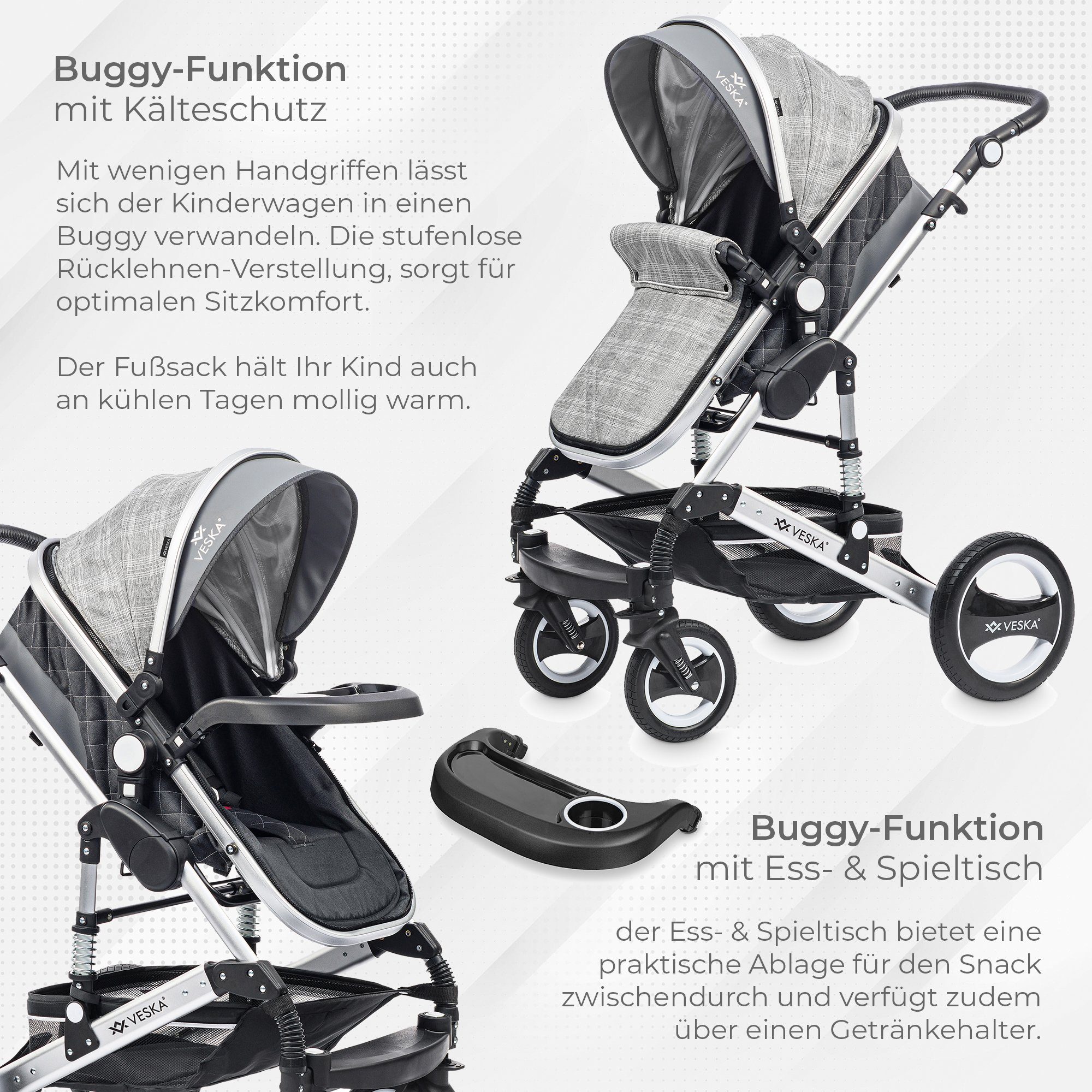 Kombi-Kinderwagen 3in1 inkl. Babyschale, Buggy, Jogger, mit Wickeltasche, Ess&Spieltisch