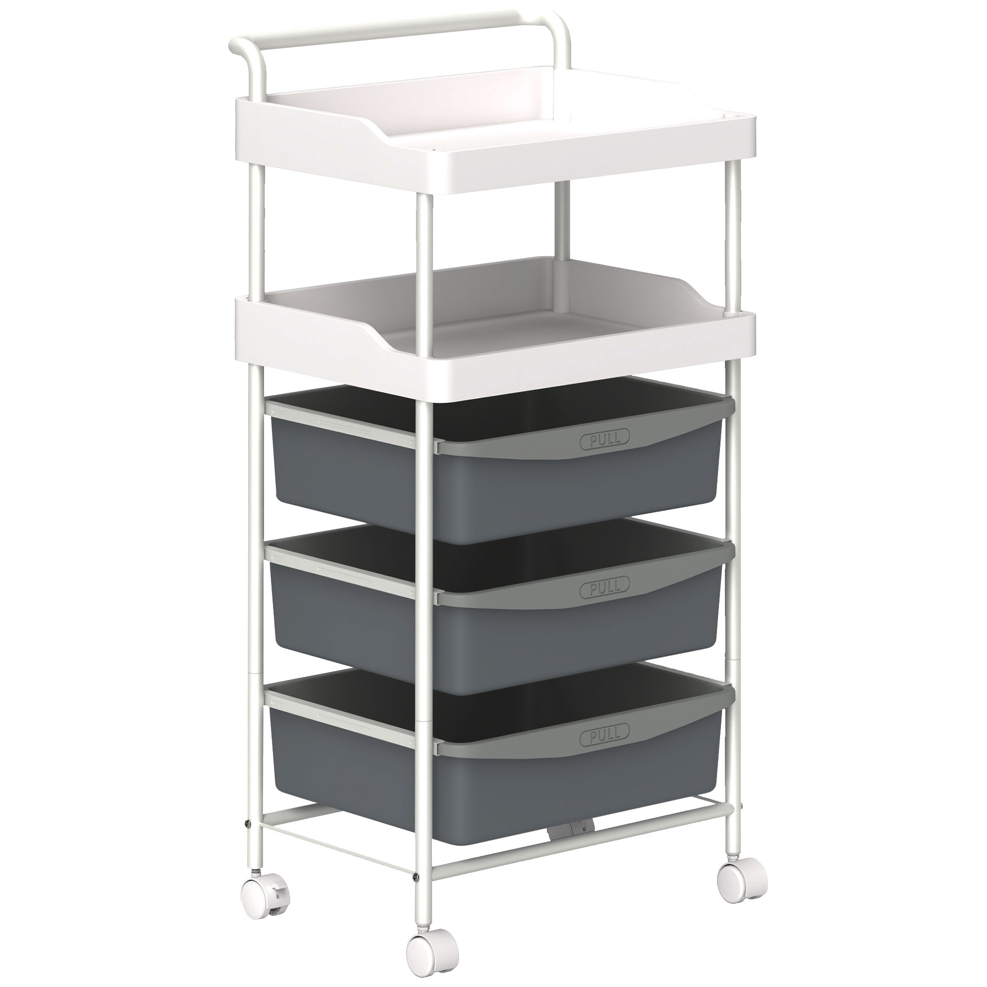HOMCOM Rollwagen mit 2 festen Tabletts und 3 ausziehbaren Tabletts, aus Stahl und PP, 40x34x85 cm, Weiß und Grau