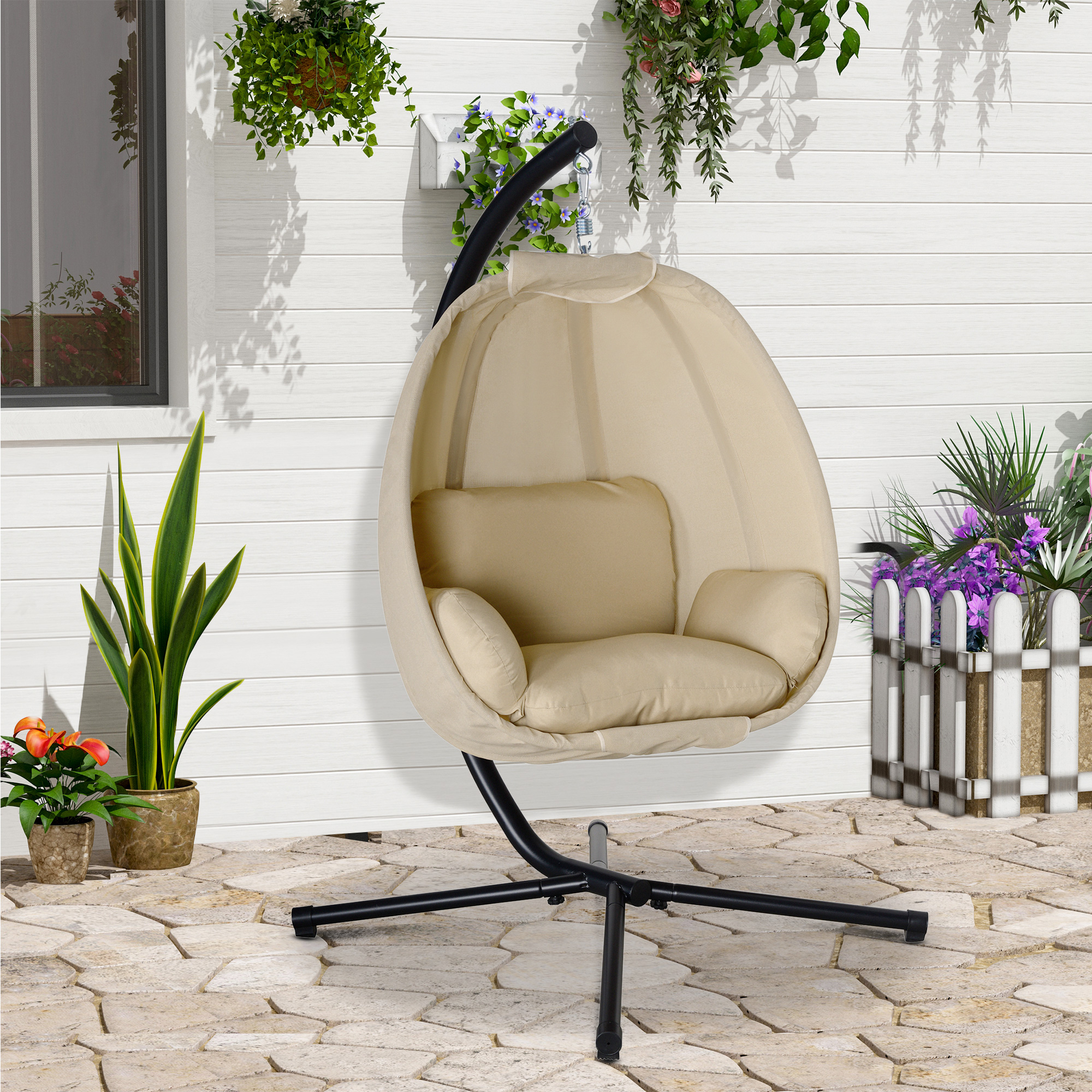 Outsunny Hängesessel, Eiförmiger Schaukelsitz mit weichem Kissen, für drinnen und draußen geeignet, 125L x 95B x 170H cm, Khaki