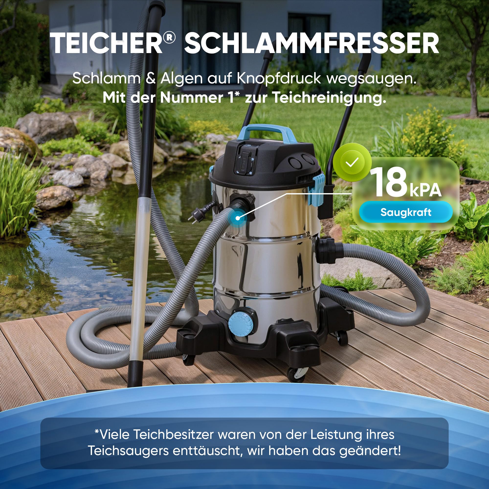 Teichsauger Schlammsauger 1200 Watt mit 35 Liter Behälter und Wasserrückführung inkl. Abpumppumpe und 3 Aufsätzen