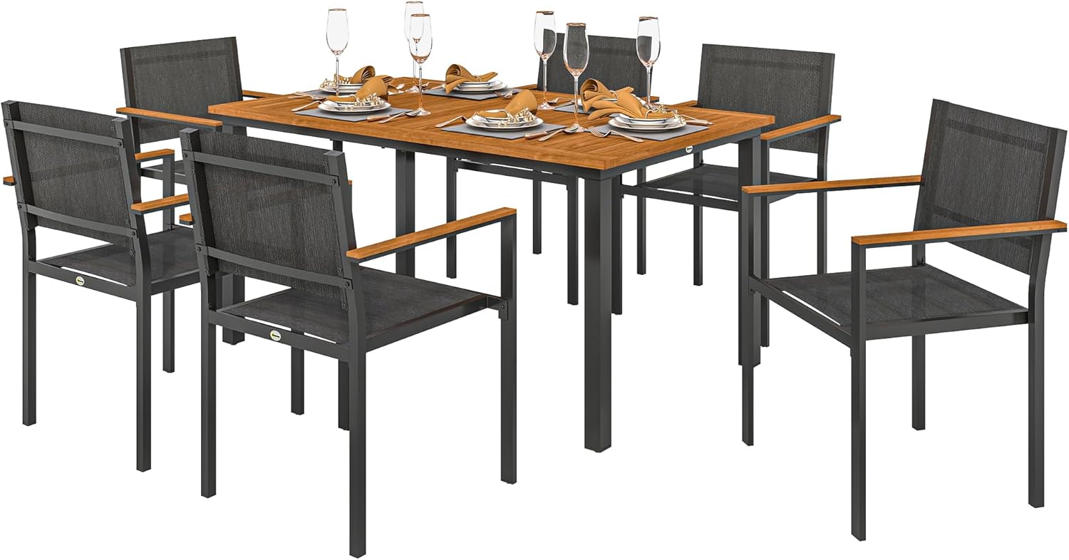 Outsunny Set Tavolo e Sedie da Esterno da 7 Pezzi, Set da Pranzo con Tavolo e 6 Sedie Impilabili con Braccioli, Mobili da Esterno in Acciaio, Texteline e Legno di Acacia per Terrazza, Teak