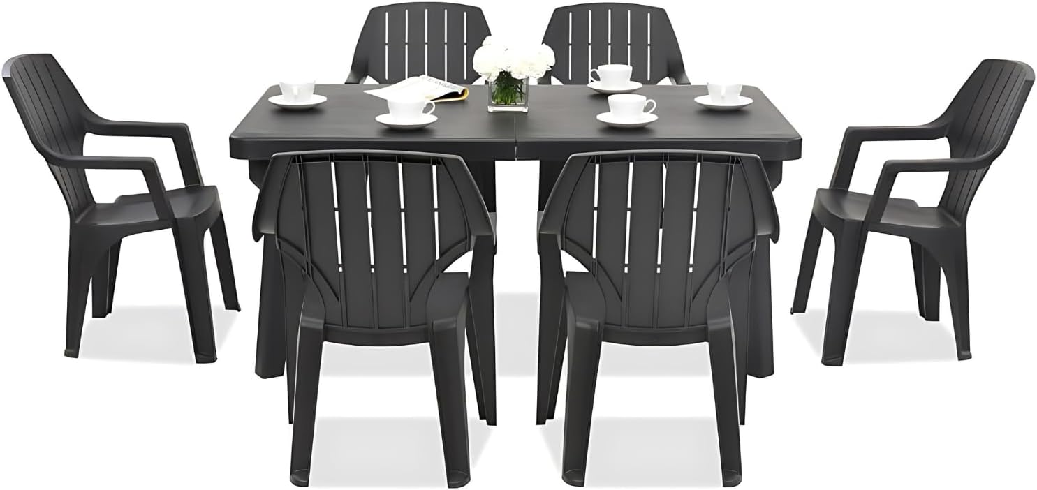 Tomaino - Table and 6 Plastic Garden Chairs Set - with Extendable Extension, with Armrests, Stackable, for Outdoor, Terrace - Norden Dining Set (Black)