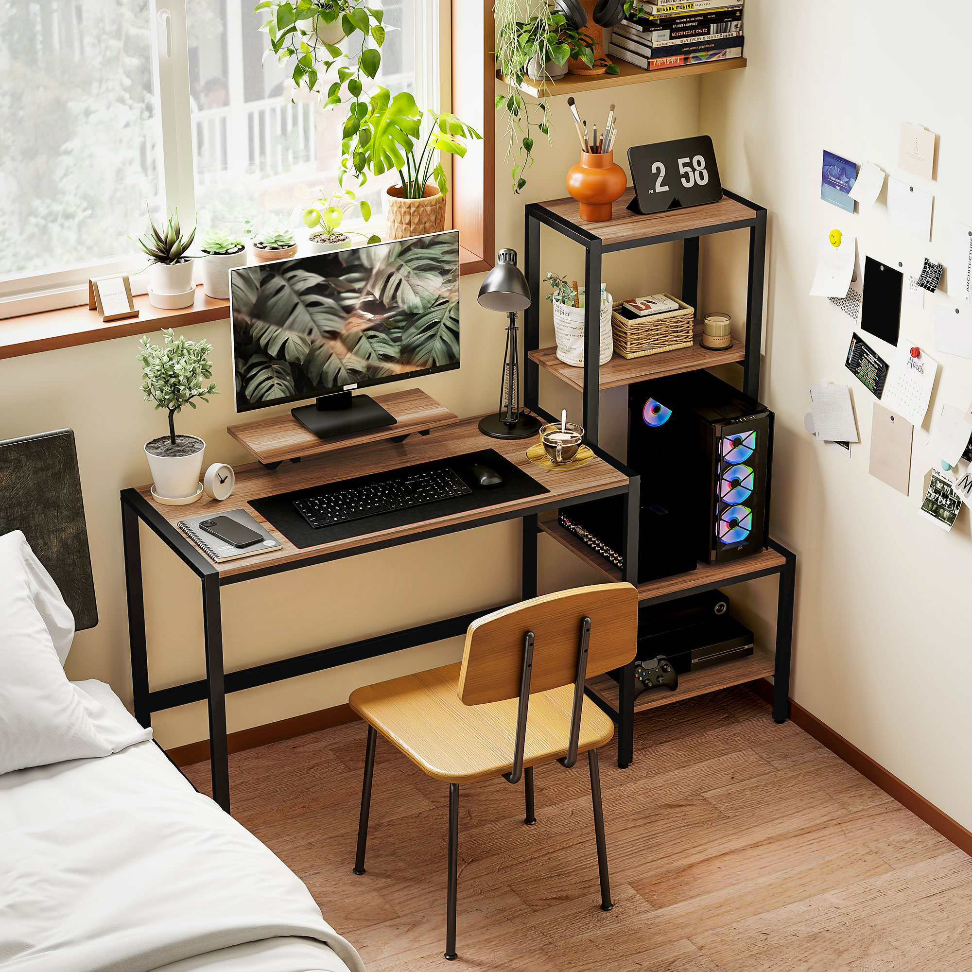 HOMCOM Computertisch mit Monitorständer, Schreibtisch mit 4-stufigem Regal, Industrielles Design, Braun