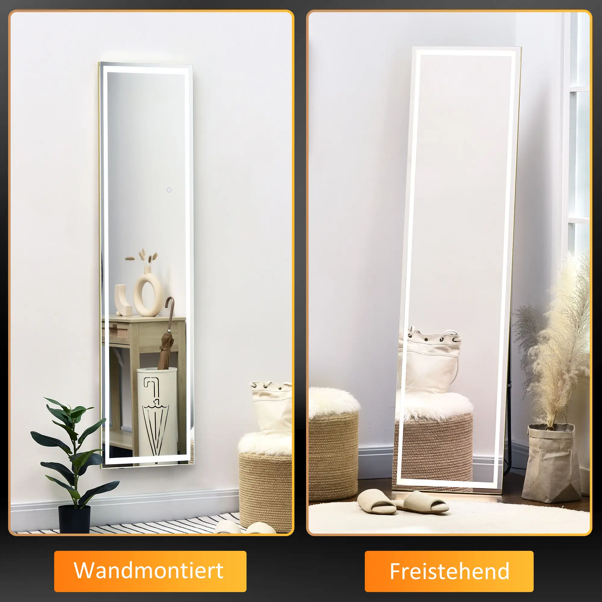 HOMCOM Standspiegel LED dimmbar 3 Lichtfarben wandmontierbar