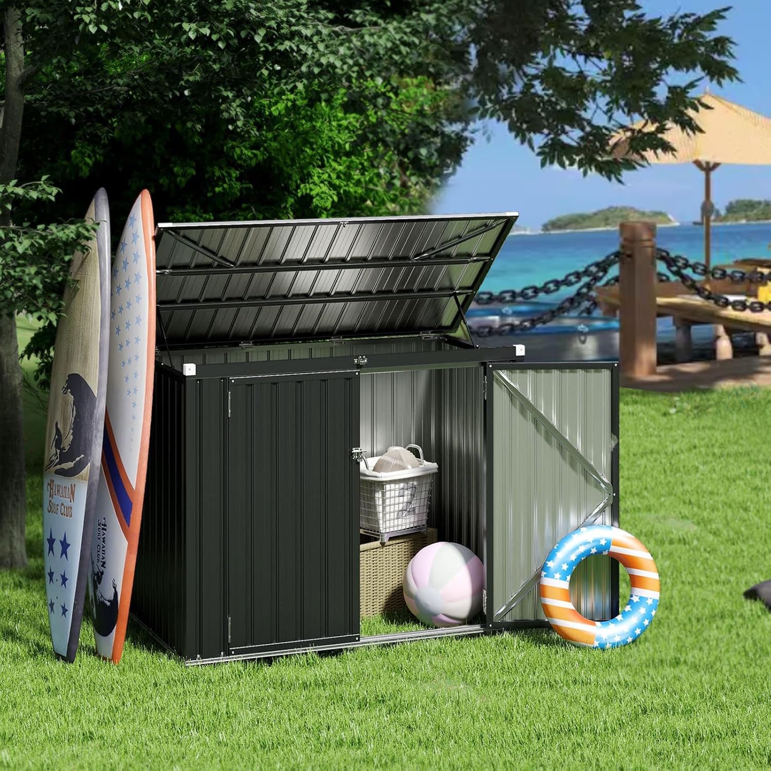 GOPLUS Gerätehaus Metall 1,5 m², Geräteschuppen mit Klappdeckel & 2 Türen, Mülltonnenbox Müllhaus für 2 Mülltonnen, Gartenschuppen Gartengerätehaus für Farm, Terrasse, 172 x 101 x 130 cm (Dunkelgrau)