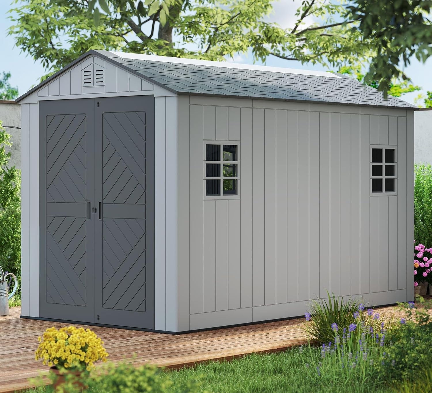 ZZM Outdoor Storage Shed 6x11 Ft  All-Weather Resistant Resin Garden Sheds & Outdoor Storage Clearance with Floor and Windows  Double-Layer Plastic Tool Shed for Backyard  Patio & Lawn (Gray)