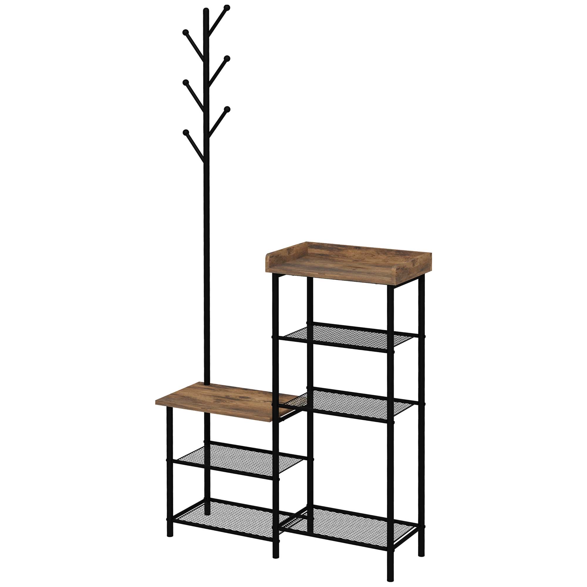 HOMCOM Garderobenständer Eingangsmöbel 2-in-1 Industriedesign mit Haken und Schuhregalen aus Stahl 92,5 x 28,2 x 182 cm Schwarz