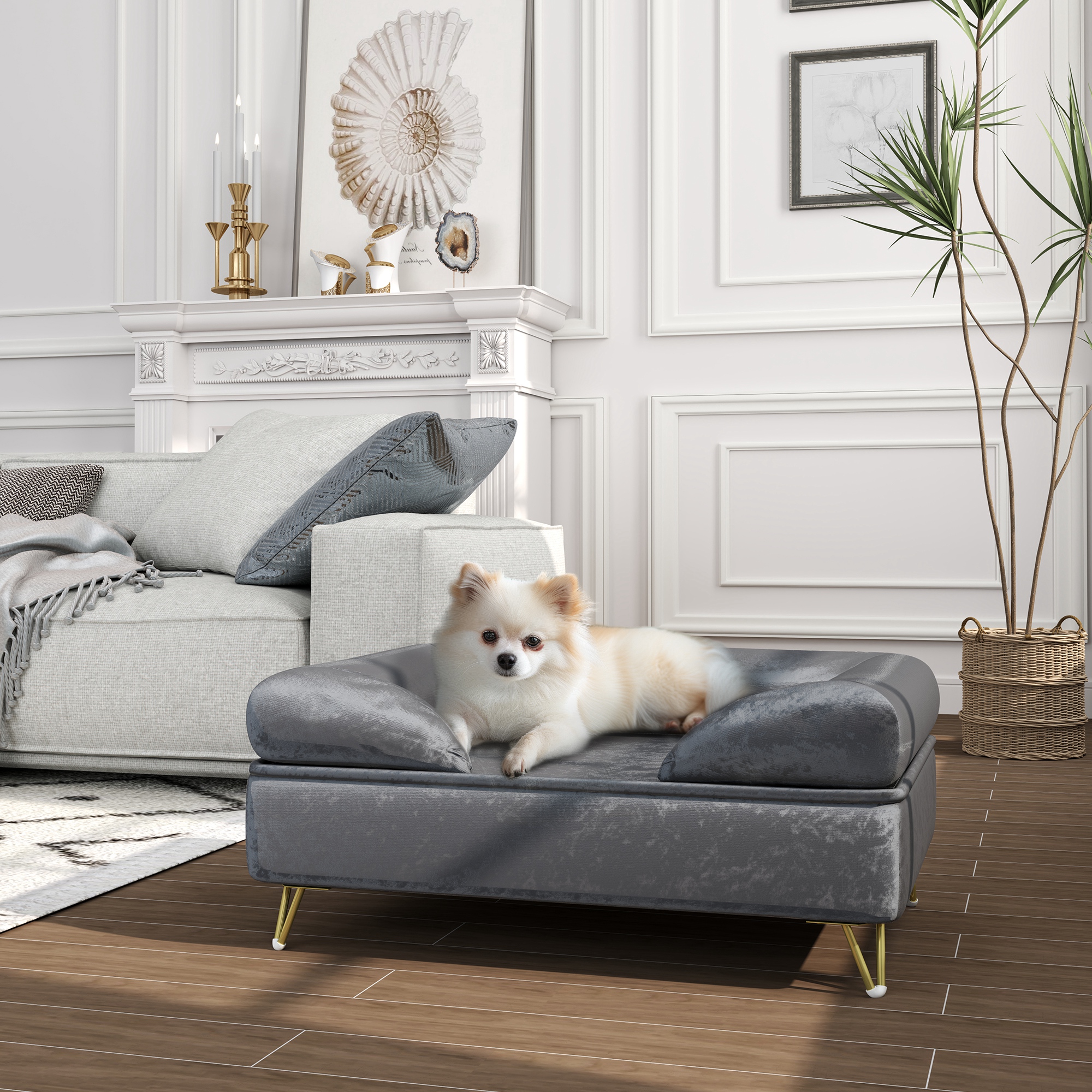 PawHut Hundesofa, Hundebett, waschbarer Bezug, für kleine Hunde bis 10kg, Holzrahmen, 76x53,5x34cm, Grau
